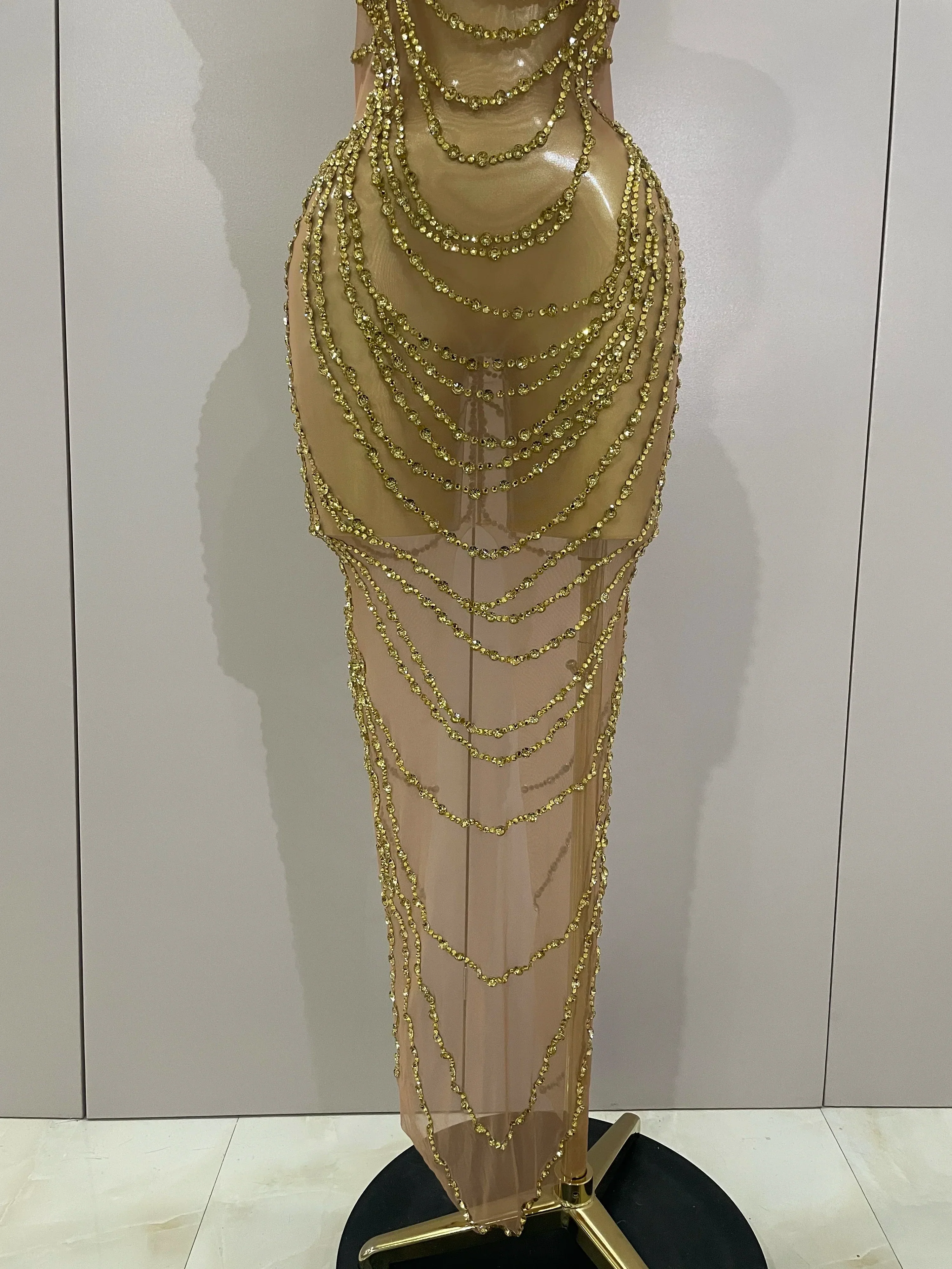 Luxury Sparkly Gold Rhinestone Sexy Transparent Mesh Long Dress  Women Birthday Party Gown Stage Singer Performance Costume - Image 6