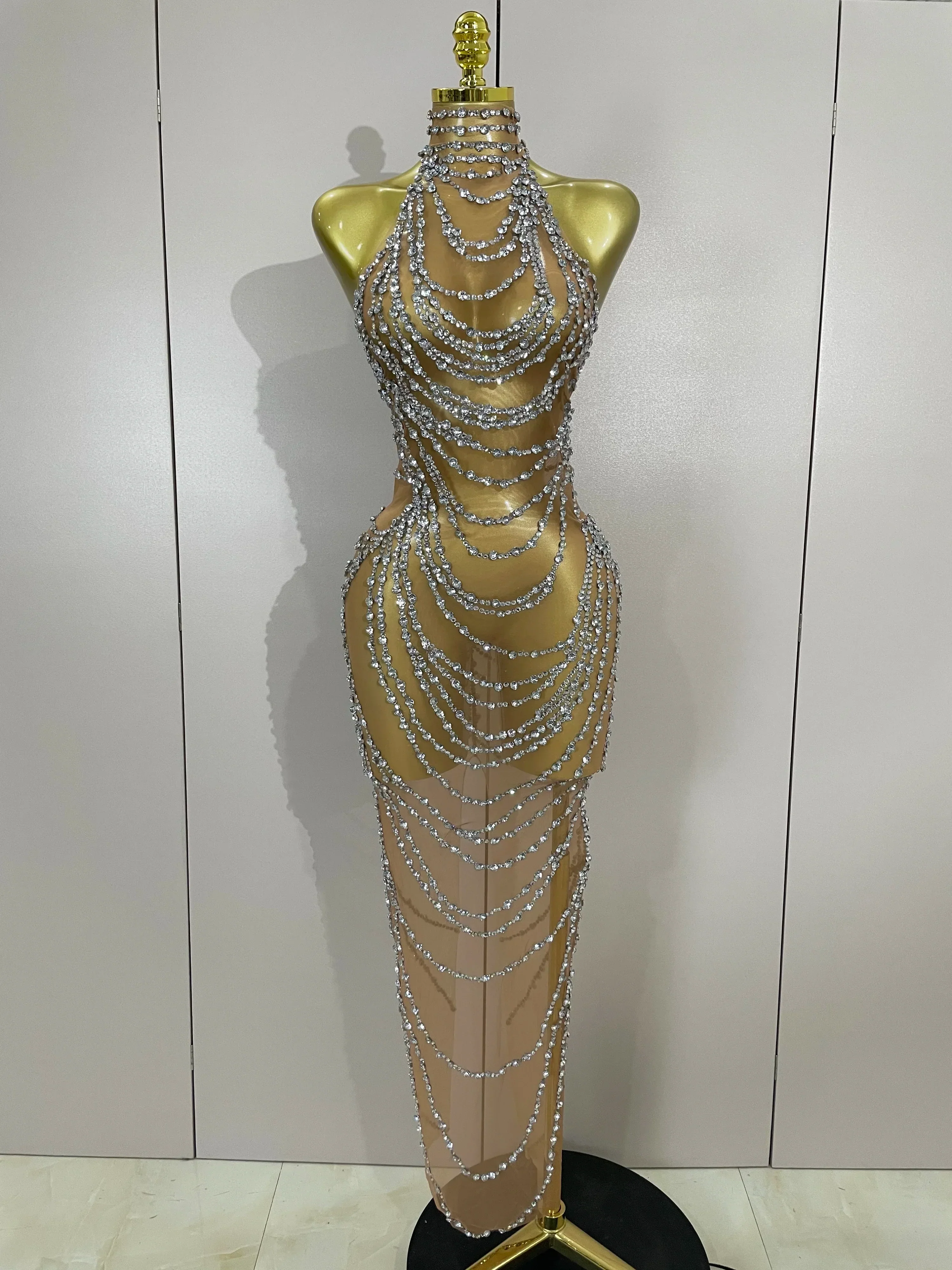 Luxury Sparkly Gold Rhinestone Sexy Transparent Mesh Long Dress  Women Birthday Party Gown Stage Singer Performance Costume - Image 7