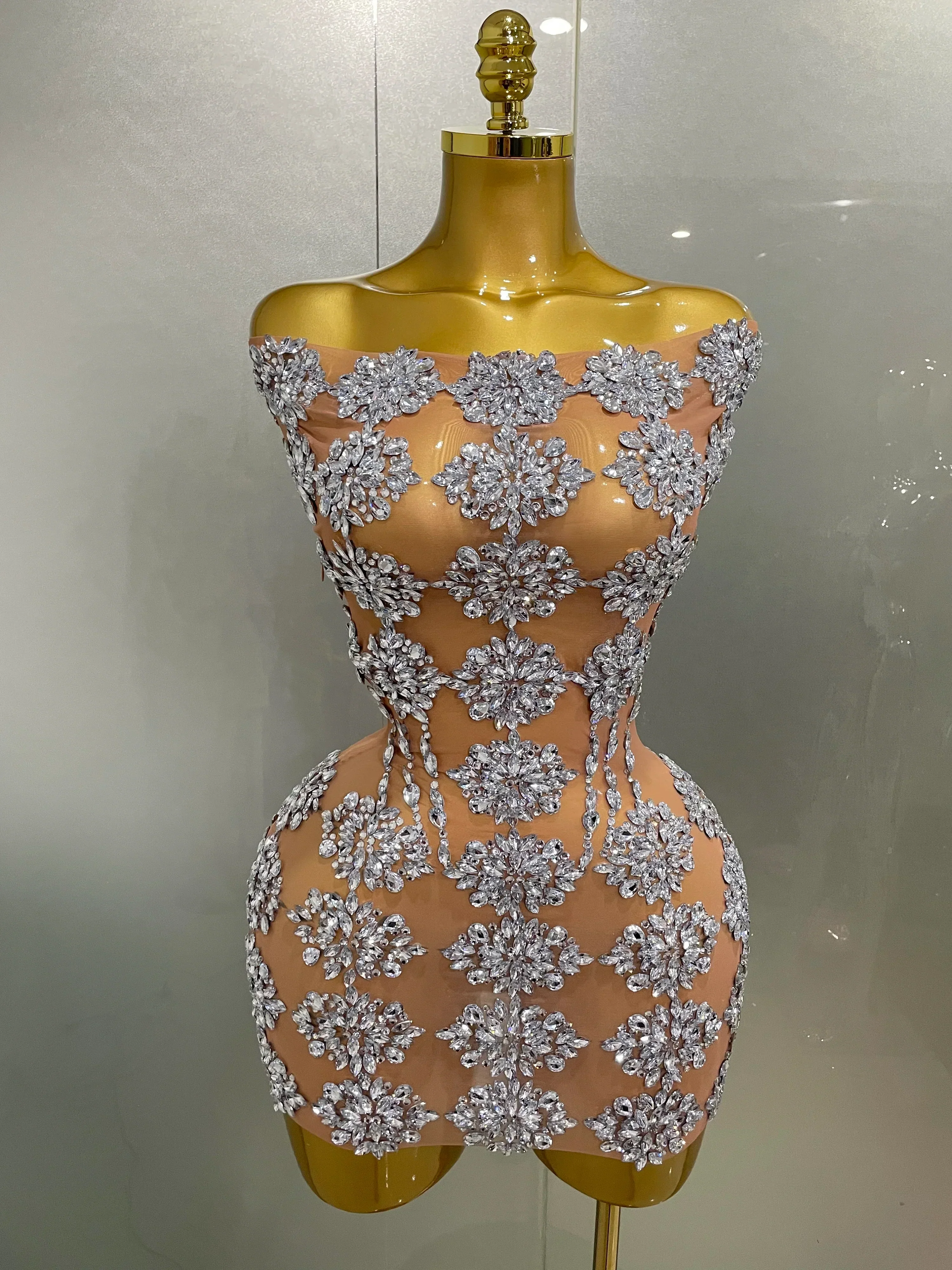 Luxury Sparkly Rhinestone Mesh Mini Dress Women Sexy Nightclub Party Dance Performance Costume Singer Dancer Show Stage Wear