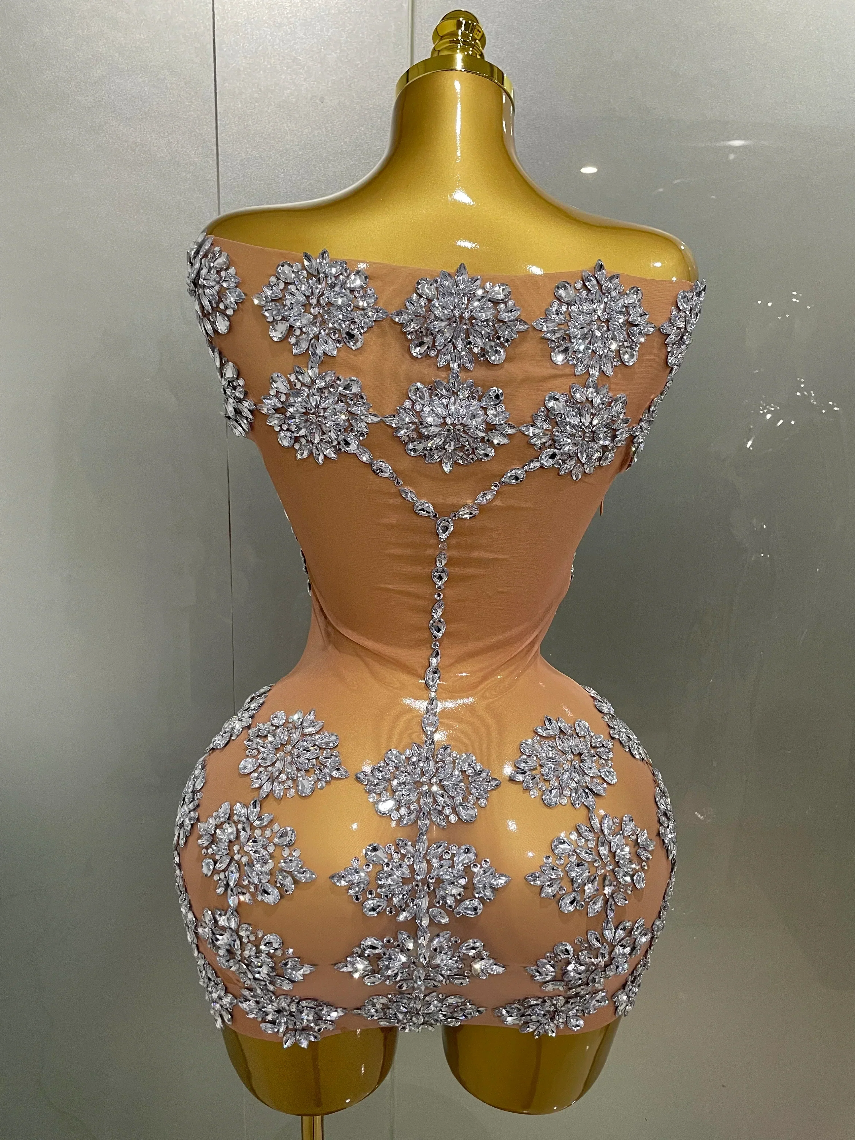 Luxury Sparkly Rhinestone Mesh Mini Dress Women Sexy Nightclub Party Dance Performance Costume Singer Dancer Show Stage Wear - Image 3