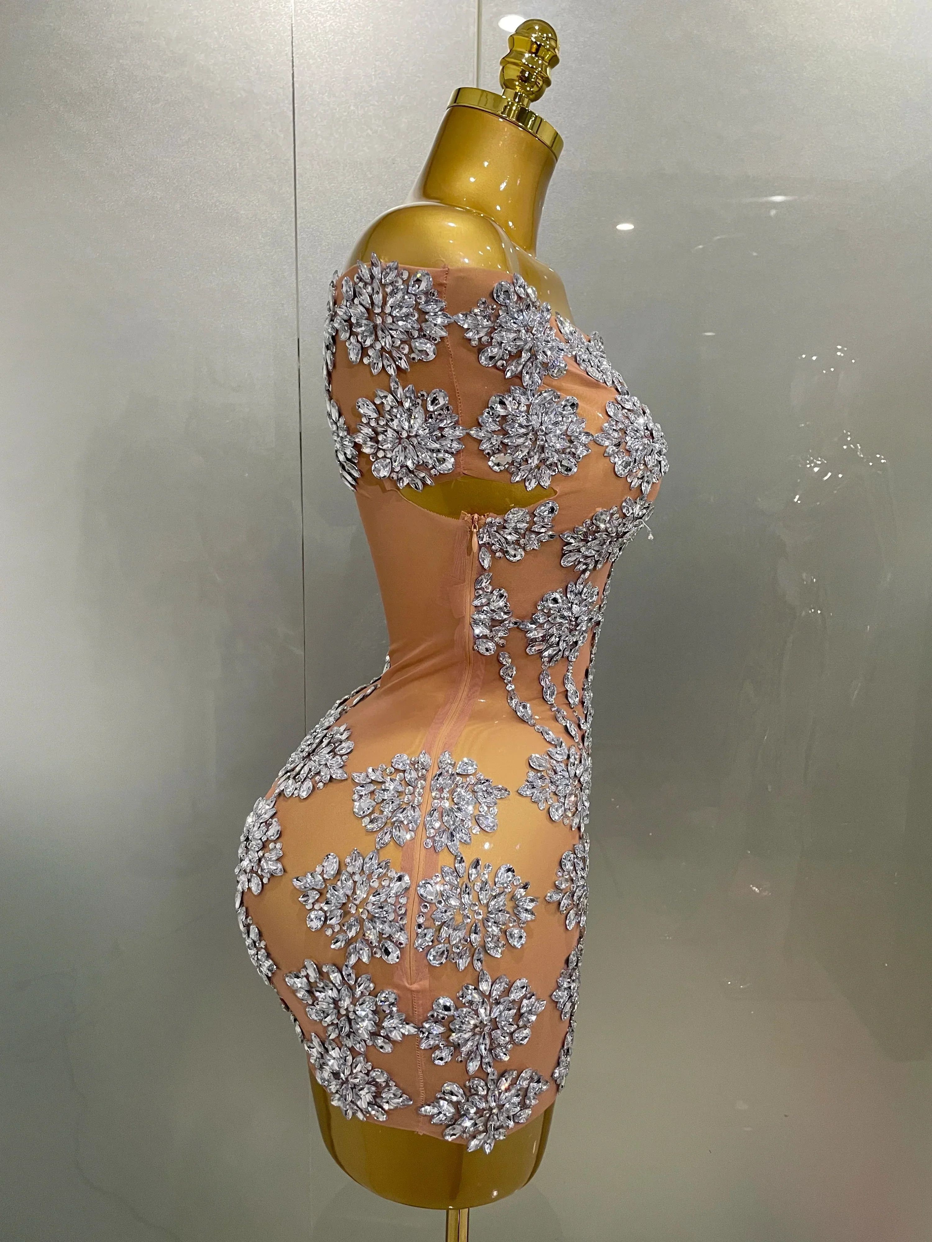 Luxury Sparkly Rhinestone Mesh Mini Dress Women Sexy Nightclub Party Dance Performance Costume Singer Dancer Show Stage Wear - Image 4