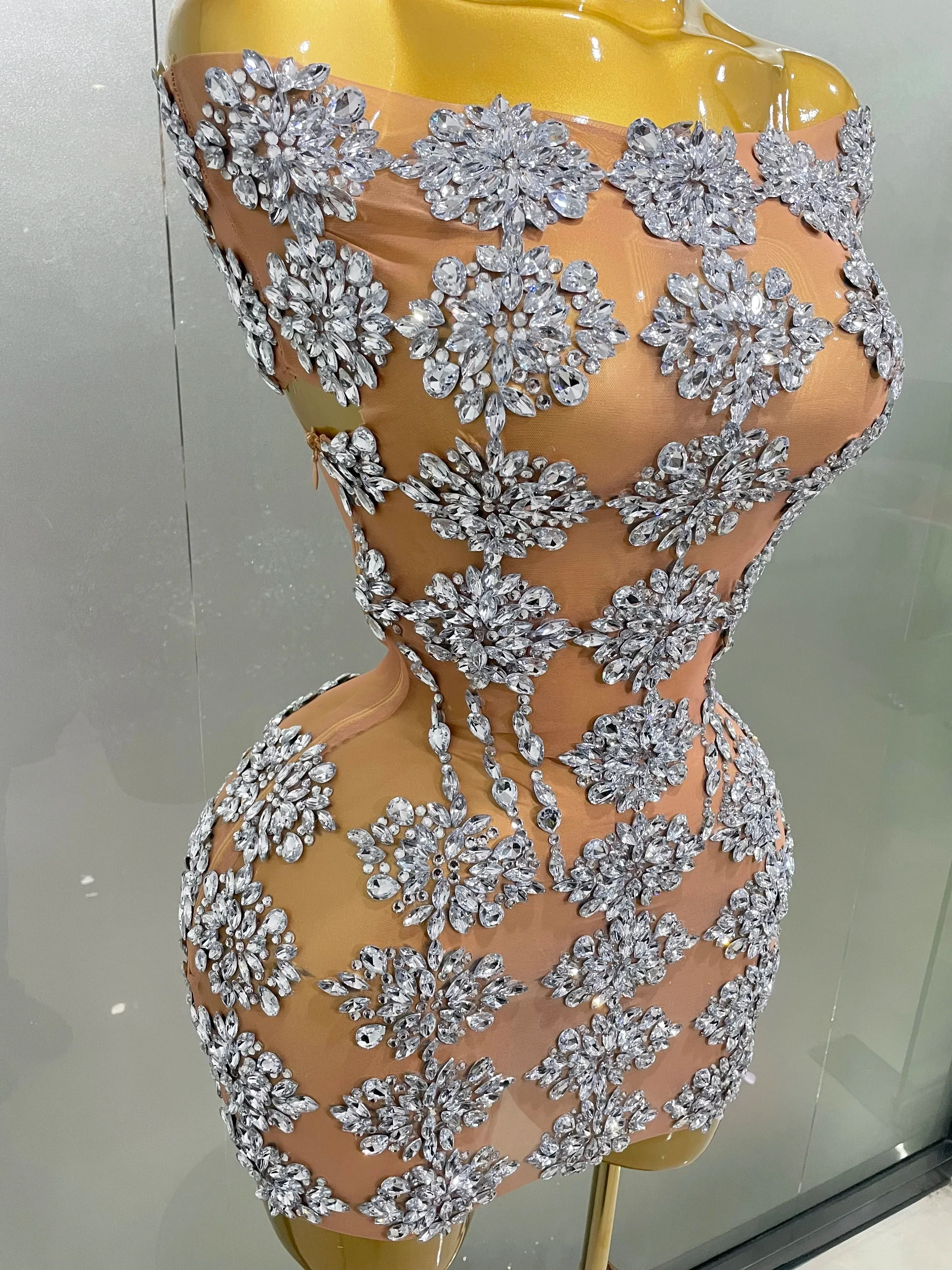 Luxury Sparkly Rhinestone Mesh Mini Dress Women Sexy Nightclub Party Dance Performance Costume Singer Dancer Show Stage Wear - Image 6
