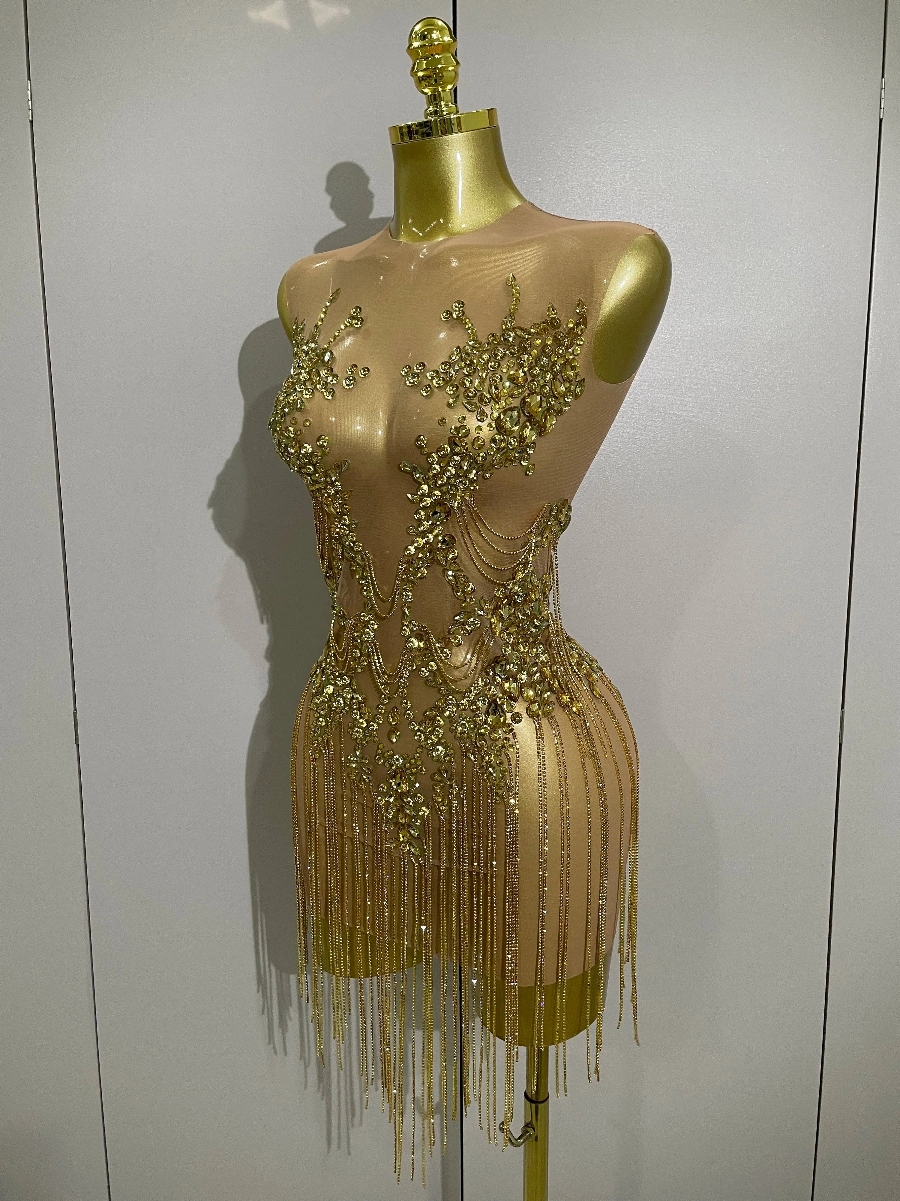 Luxury Sparkly Rhinestones Chain Sleeveless Mini Dress Women Sexy Performance Dance Nightclub Outfit Birthday Party Dress - Image 2