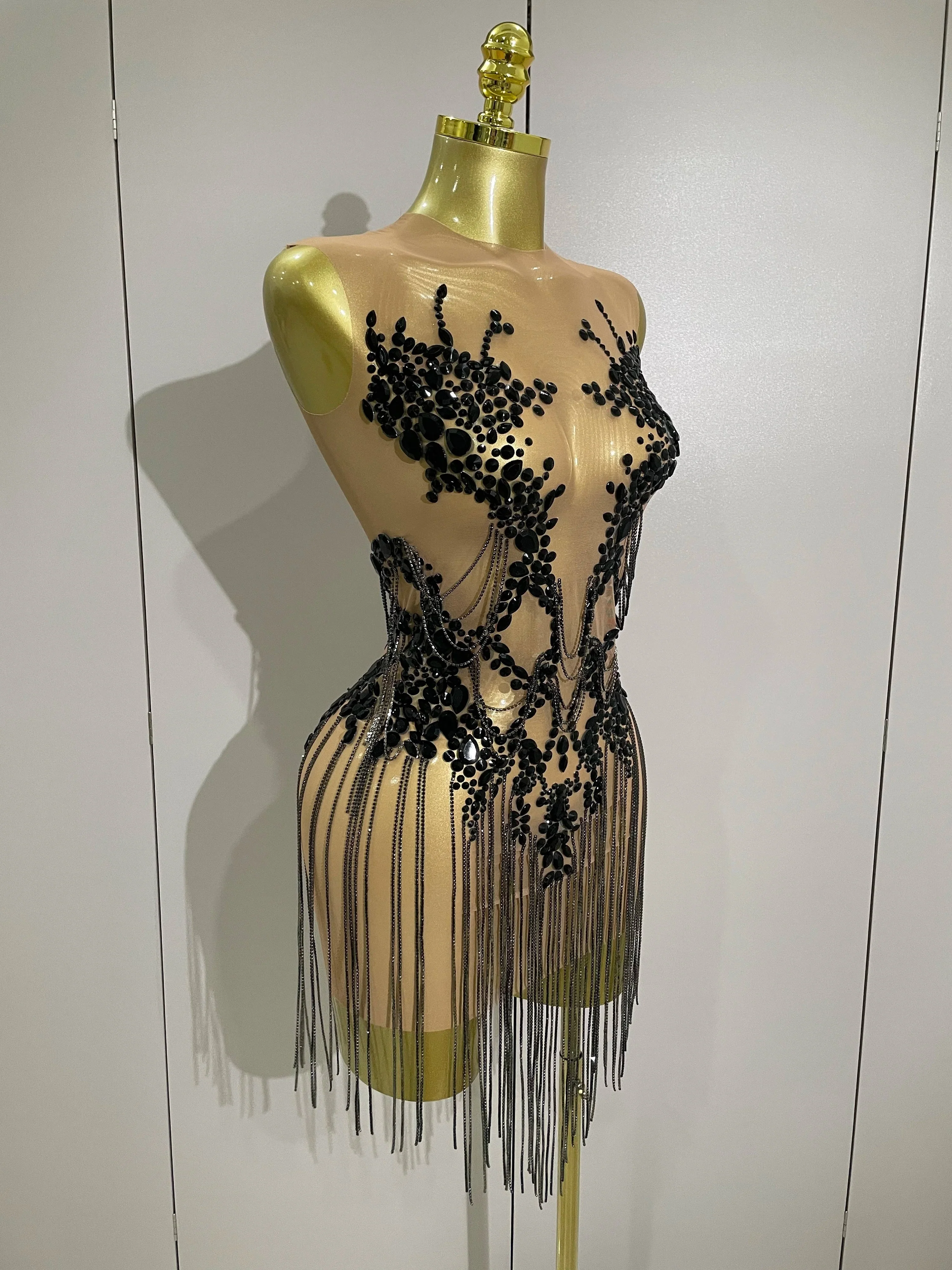 Luxury Sparkly Rhinestones Chain Sleeveless Mini Dress Women Sexy Performance Dance Nightclub Outfit Birthday Party Dress - Image 4