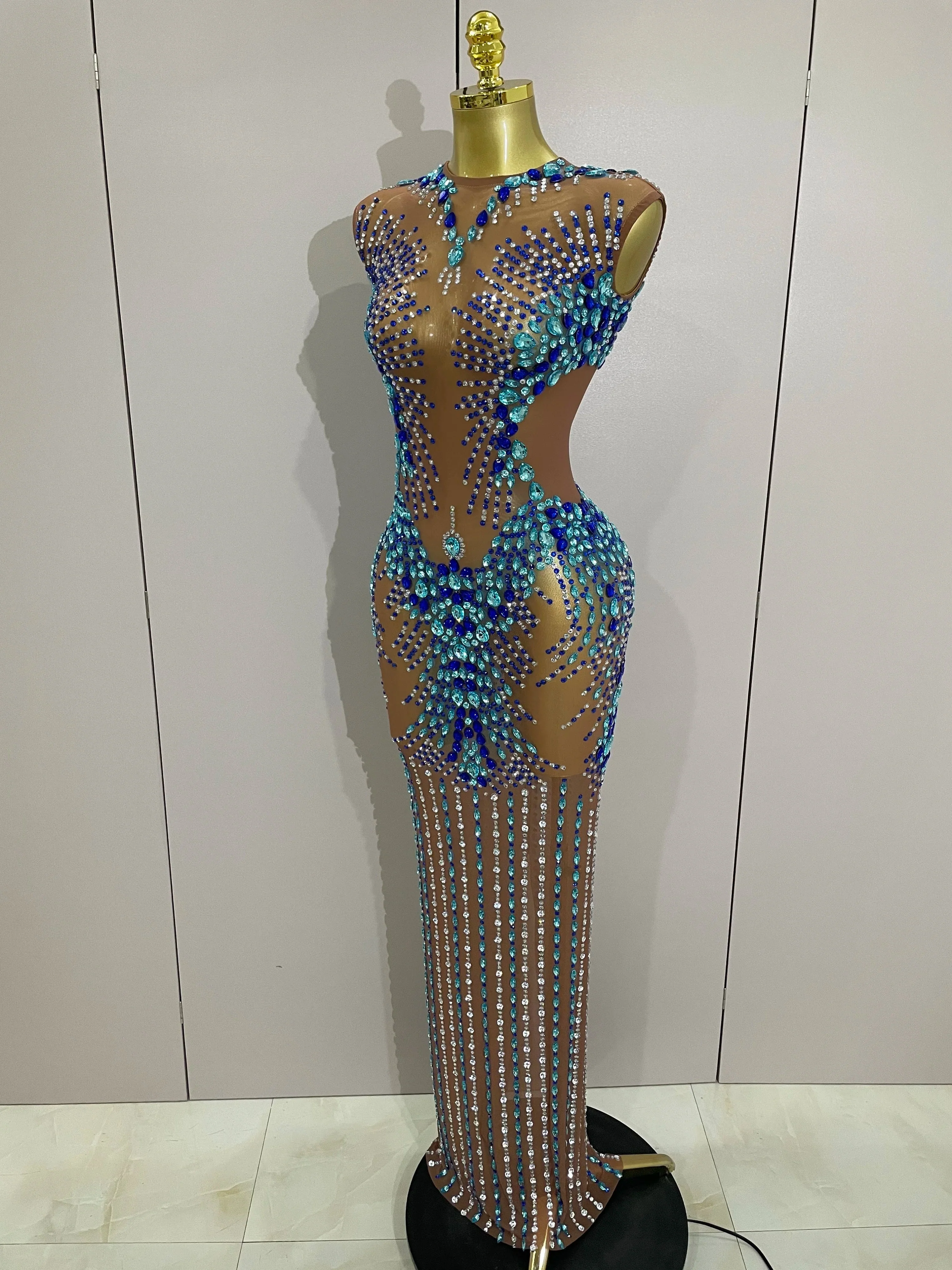 Luxury Sparkly Rhinestones Nude Sexy Mesh Maxi Dress Women Evening Birthday Party Elegant Gown Show Red carpet Stage Costume - Image 2