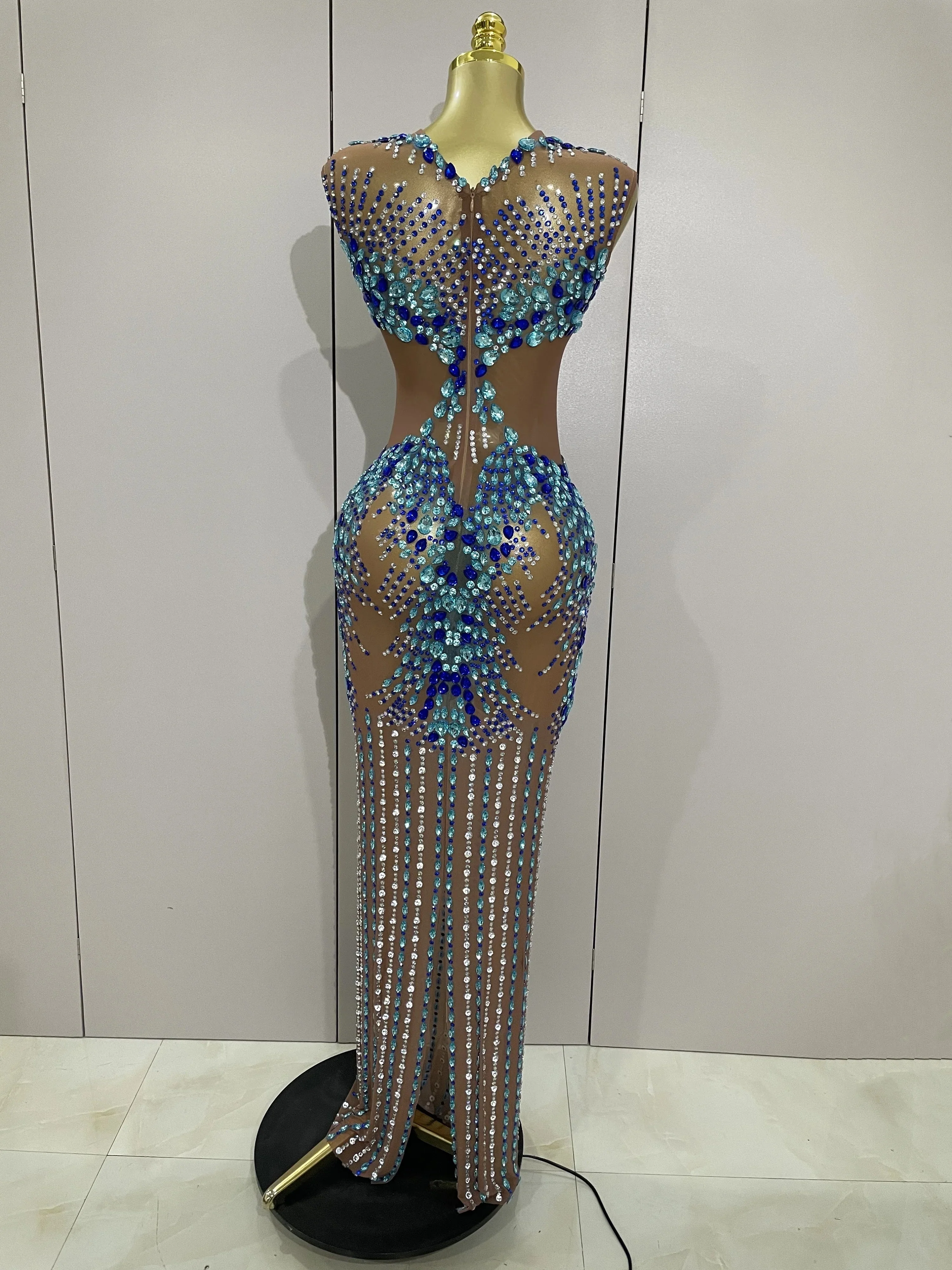 Luxury Sparkly Rhinestones Nude Sexy Mesh Maxi Dress Women Evening Birthday Party Elegant Gown Show Red carpet Stage Costume - Image 3