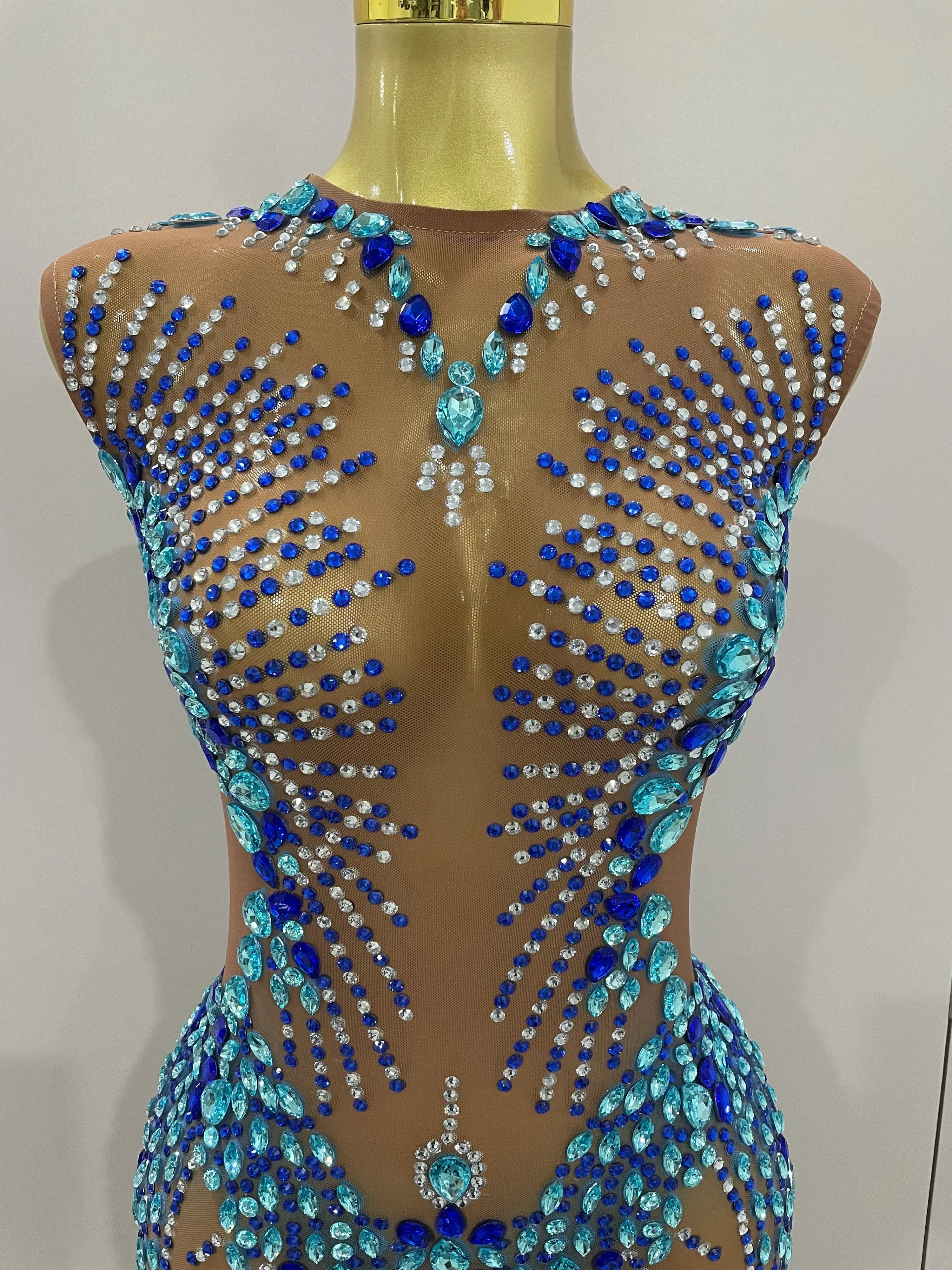 Luxury Sparkly Rhinestones Nude Sexy Mesh Maxi Dress Women Evening Birthday Party Elegant Gown Show Red carpet Stage Costume - Image 5