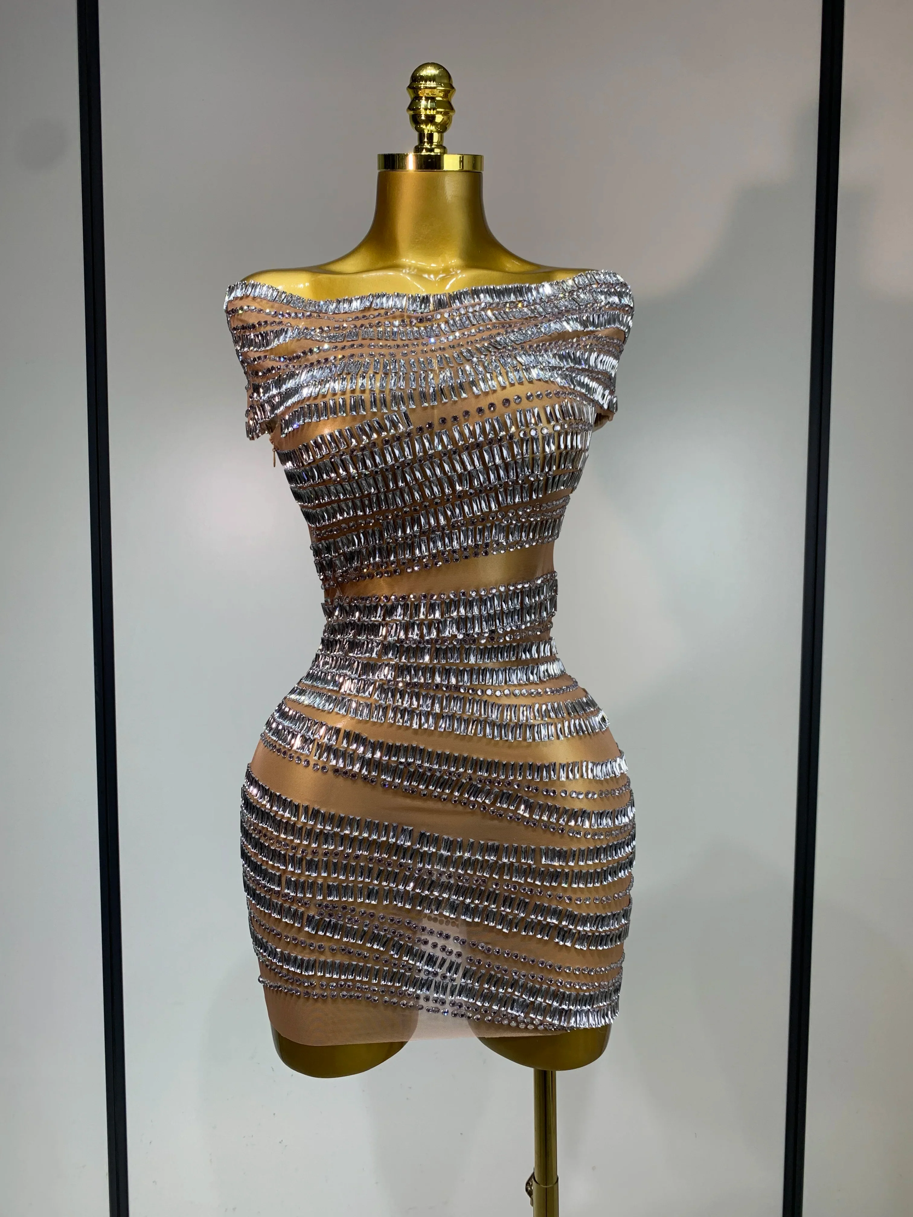Luxury Sparkly Rhinestones Sexy Mesh Mini Dress Women Celebrate Birthday Evening Party Club Photo Shoot Dress Stage Outfit