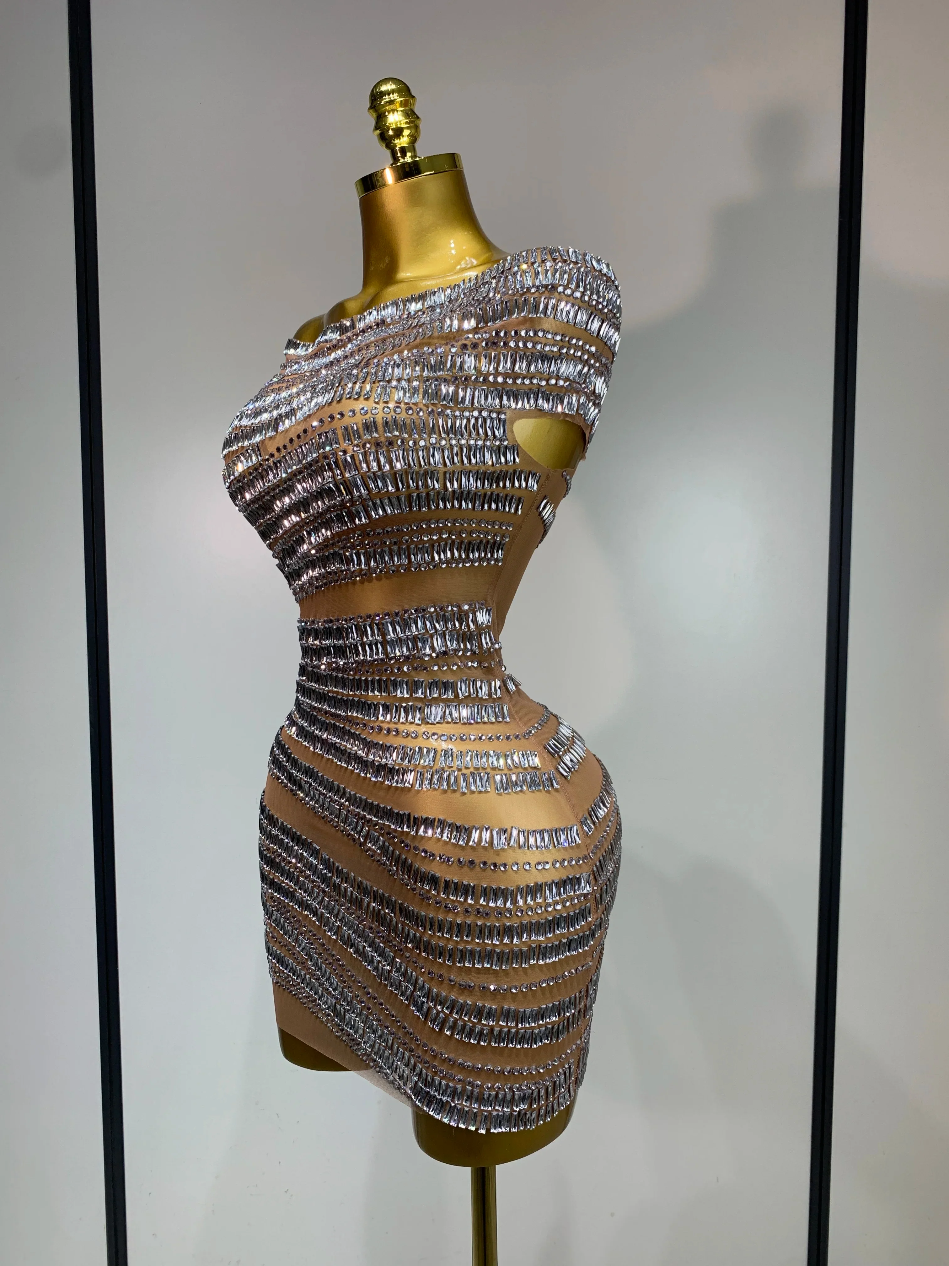 Luxury Sparkly Rhinestones Sexy Mesh Mini Dress Women Celebrate Birthday Evening Party Club Photo Shoot Dress Stage Outfit - Image 2
