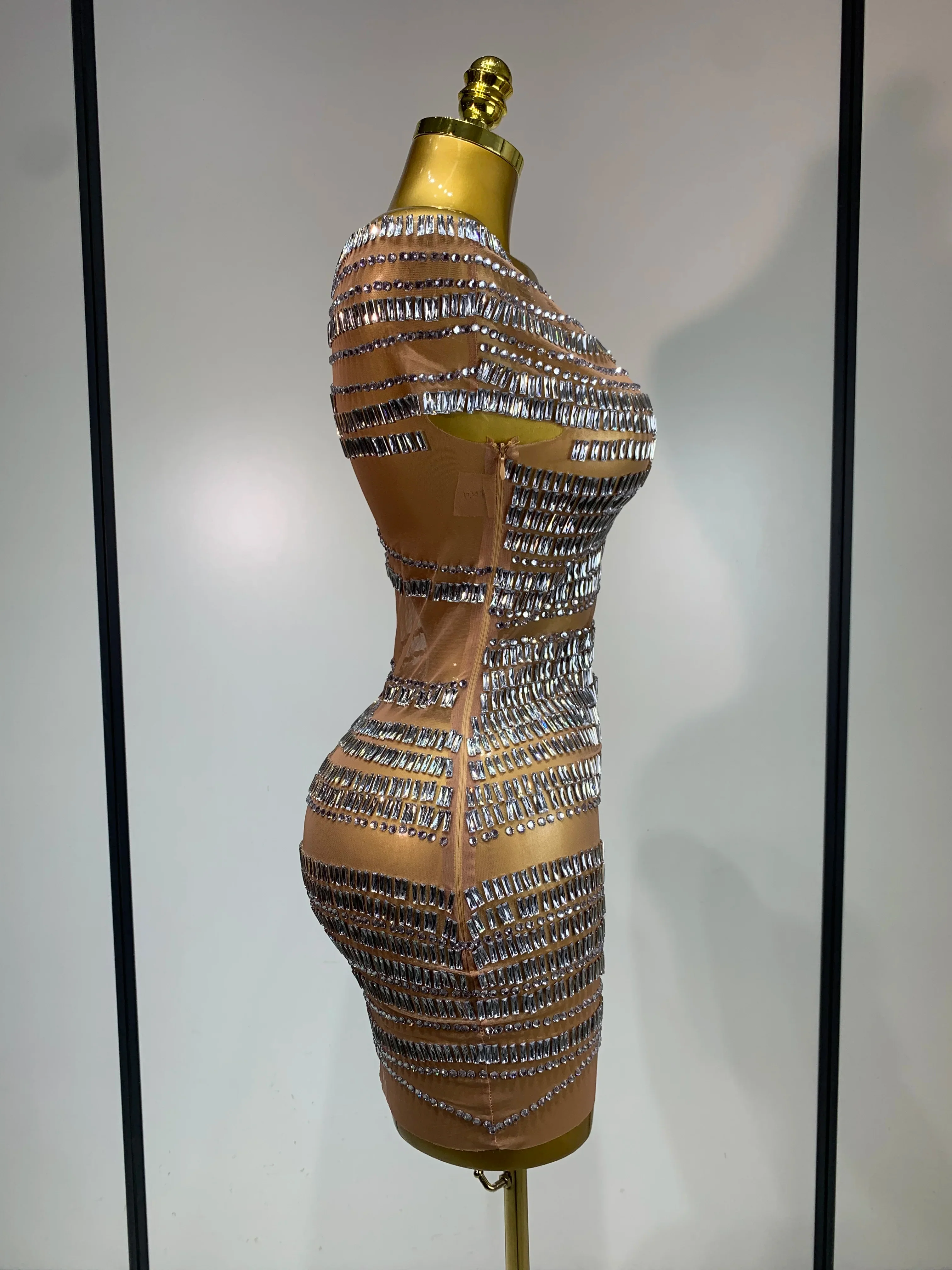Luxury Sparkly Rhinestones Sexy Mesh Mini Dress Women Celebrate Birthday Evening Party Club Photo Shoot Dress Stage Outfit - Image 3