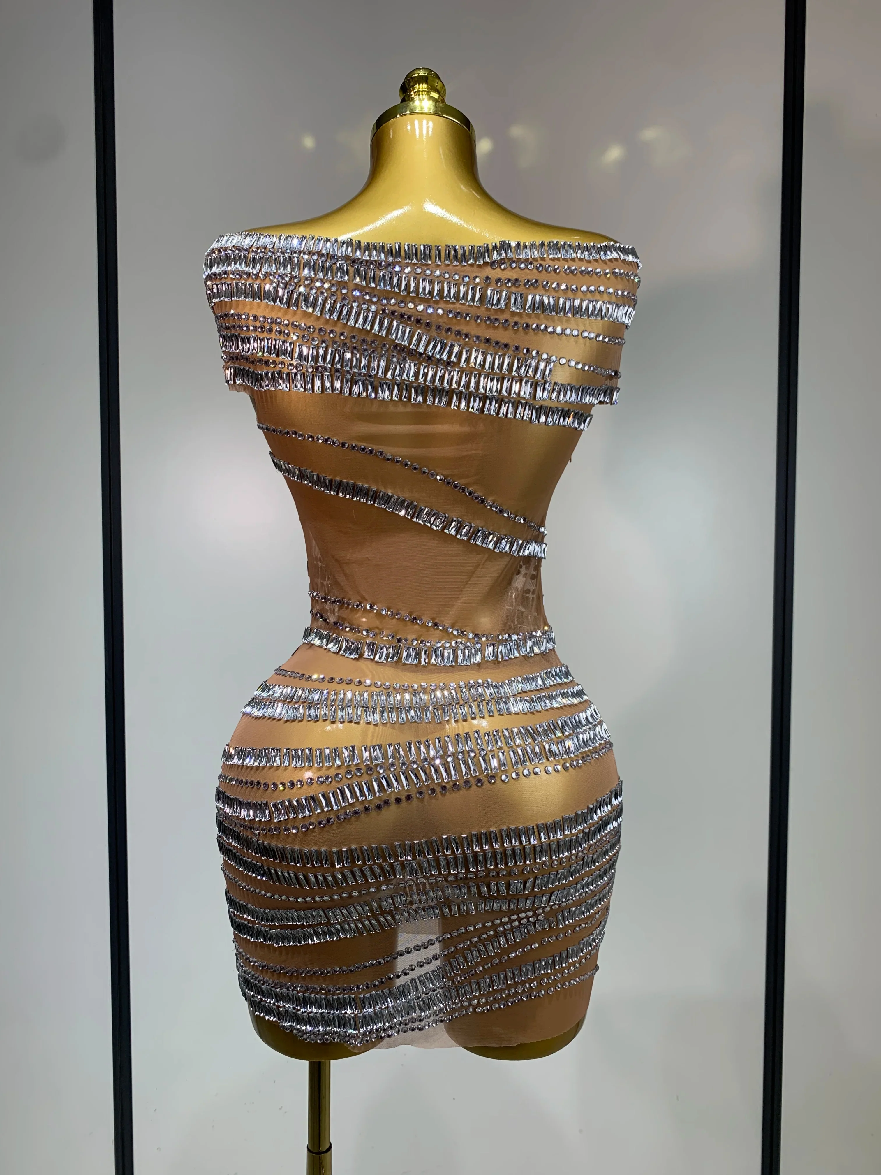 Luxury Sparkly Rhinestones Sexy Mesh Mini Dress Women Celebrate Birthday Evening Party Club Photo Shoot Dress Stage Outfit - Image 4
