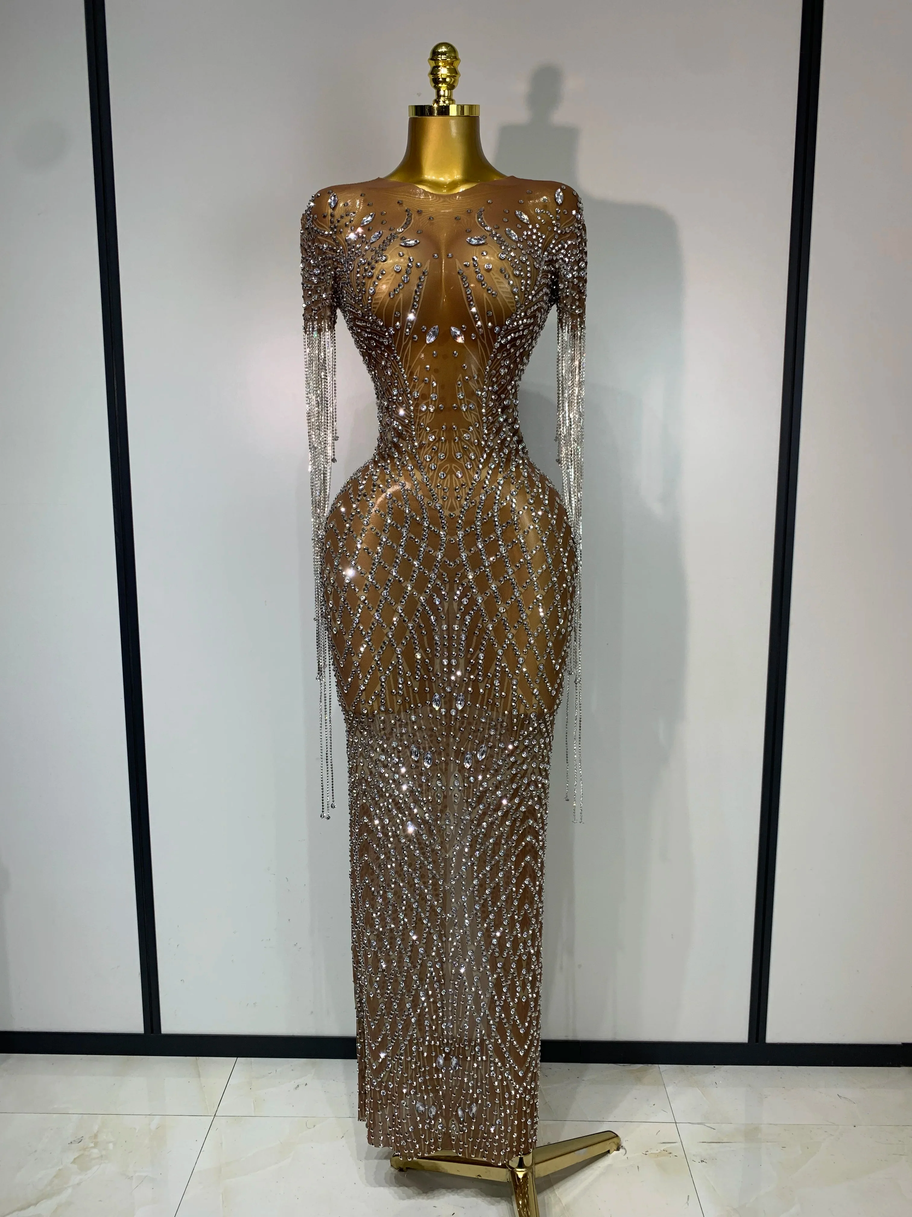 Luxury Sparkly Rhinestones Tassel Transparent Mesh Stretch Long Dress Women Evening Celebrate Birthday Dress Sexy Stage Costumes