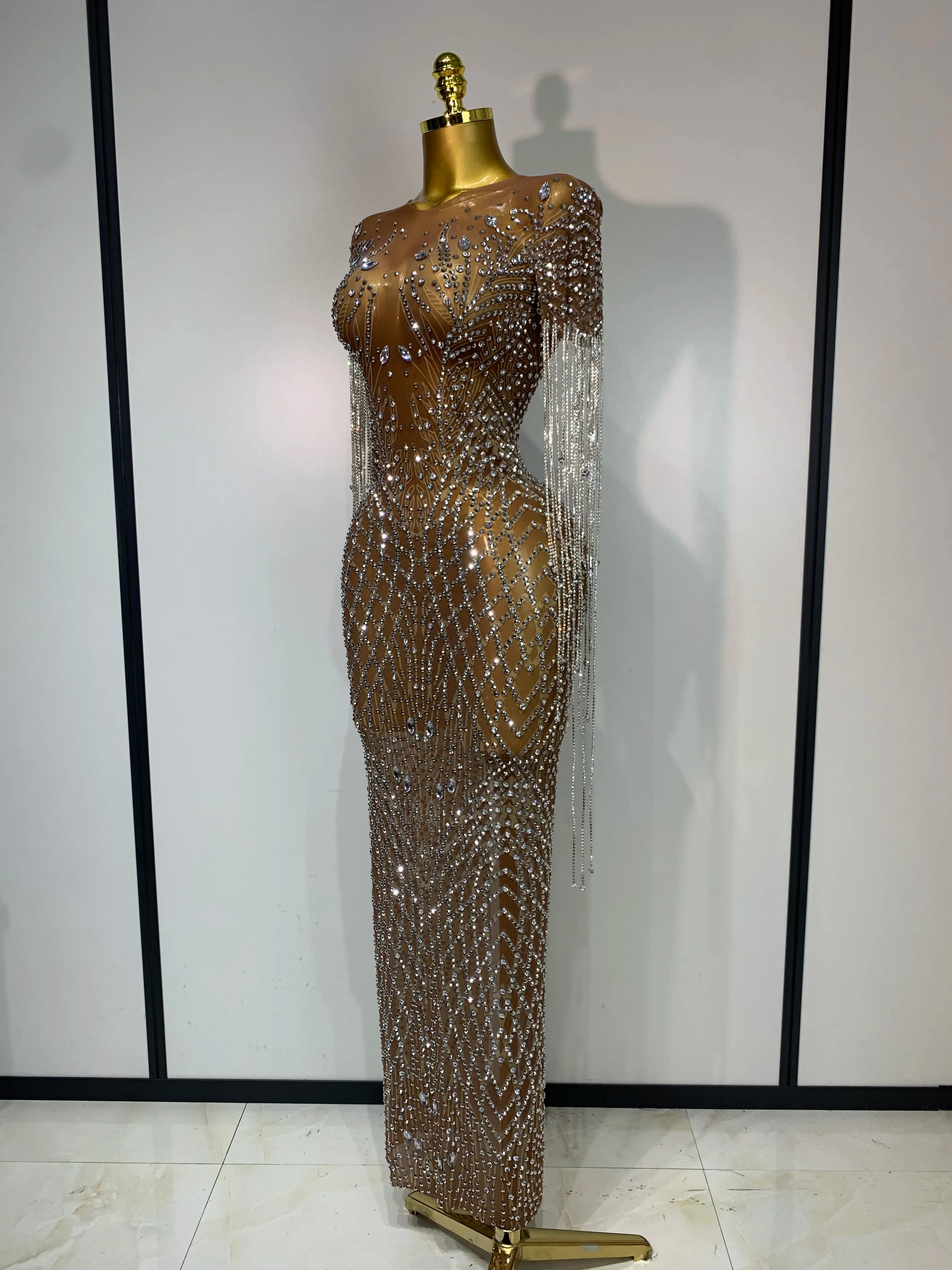 Luxury Sparkly Rhinestones Tassel Transparent Mesh Stretch Long Dress Women Evening Celebrate Birthday Dress Sexy Stage Costumes - Image 2