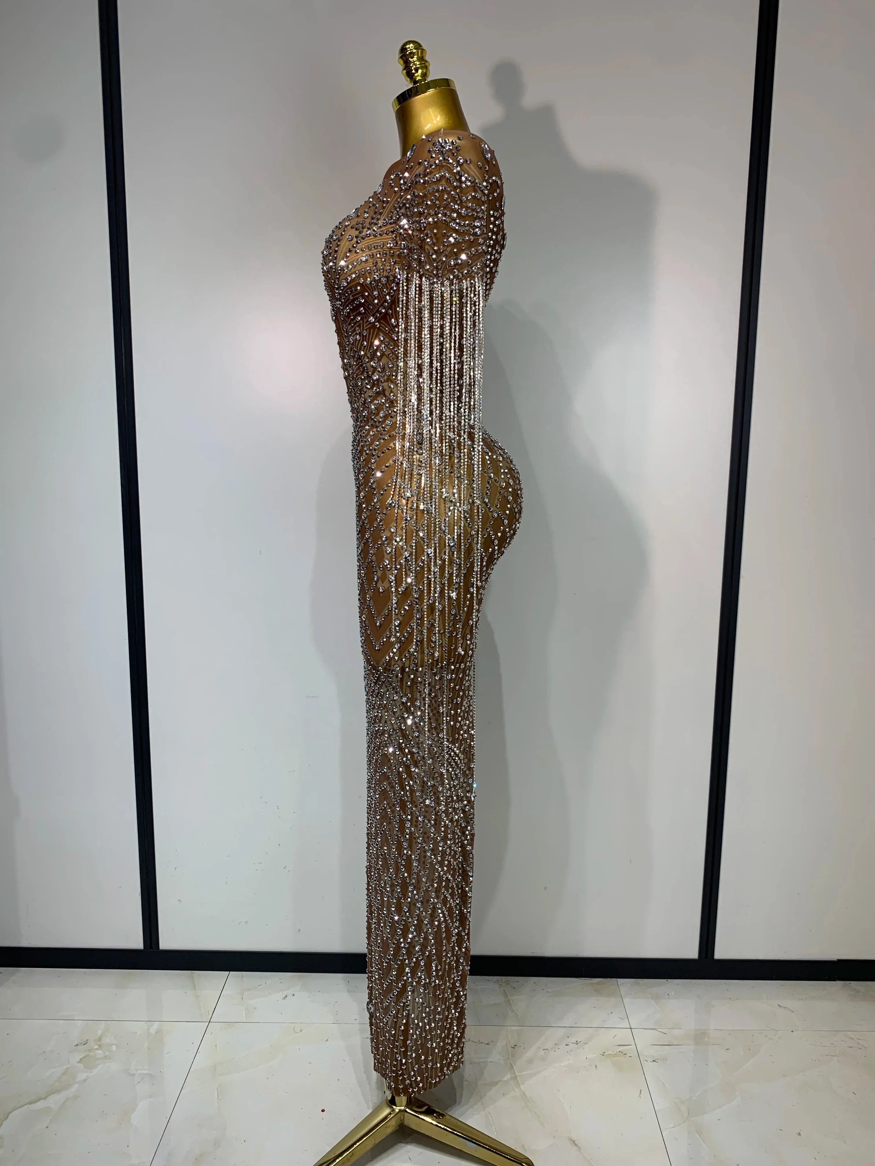 Luxury Sparkly Rhinestones Tassel Transparent Mesh Stretch Long Dress Women Evening Celebrate Birthday Dress Sexy Stage Costumes - Image 3
