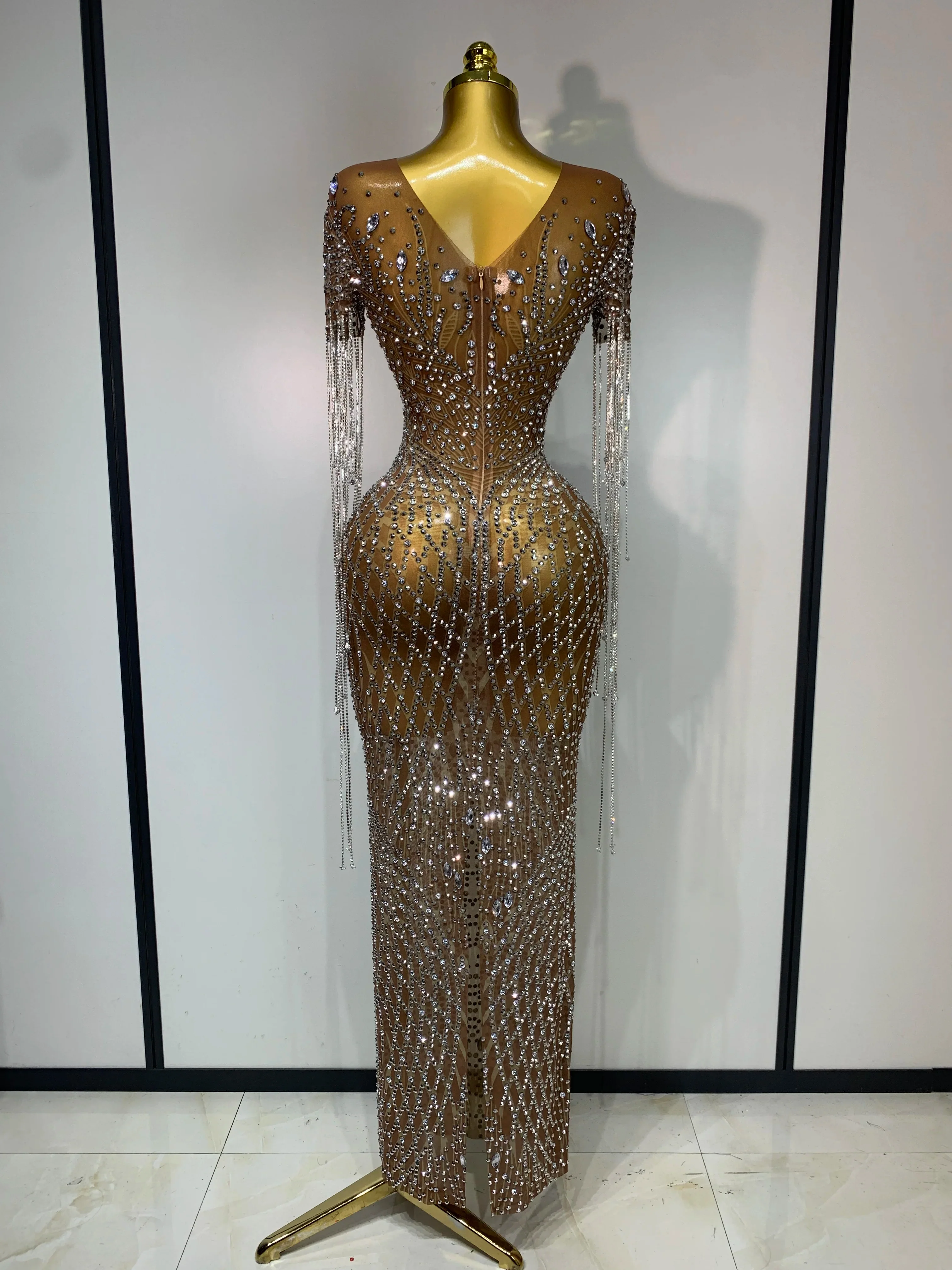 Luxury Sparkly Rhinestones Tassel Transparent Mesh Stretch Long Dress Women Evening Celebrate Birthday Dress Sexy Stage Costumes - Image 4