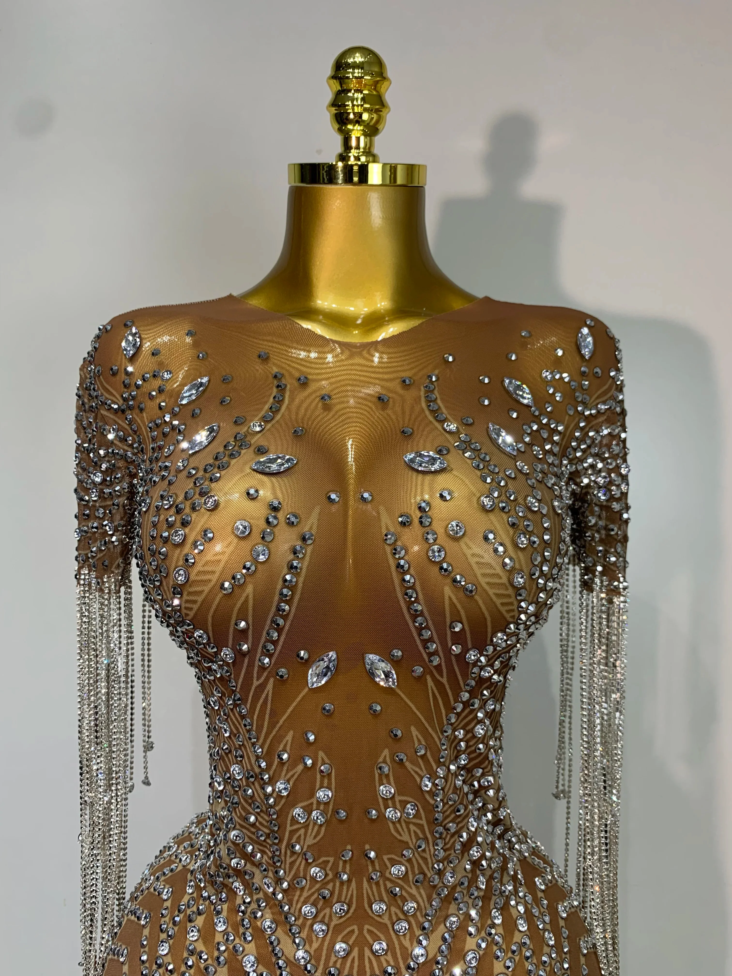 Luxury Sparkly Rhinestones Tassel Transparent Mesh Stretch Long Dress Women Evening Celebrate Birthday Dress Sexy Stage Costumes - Image 5
