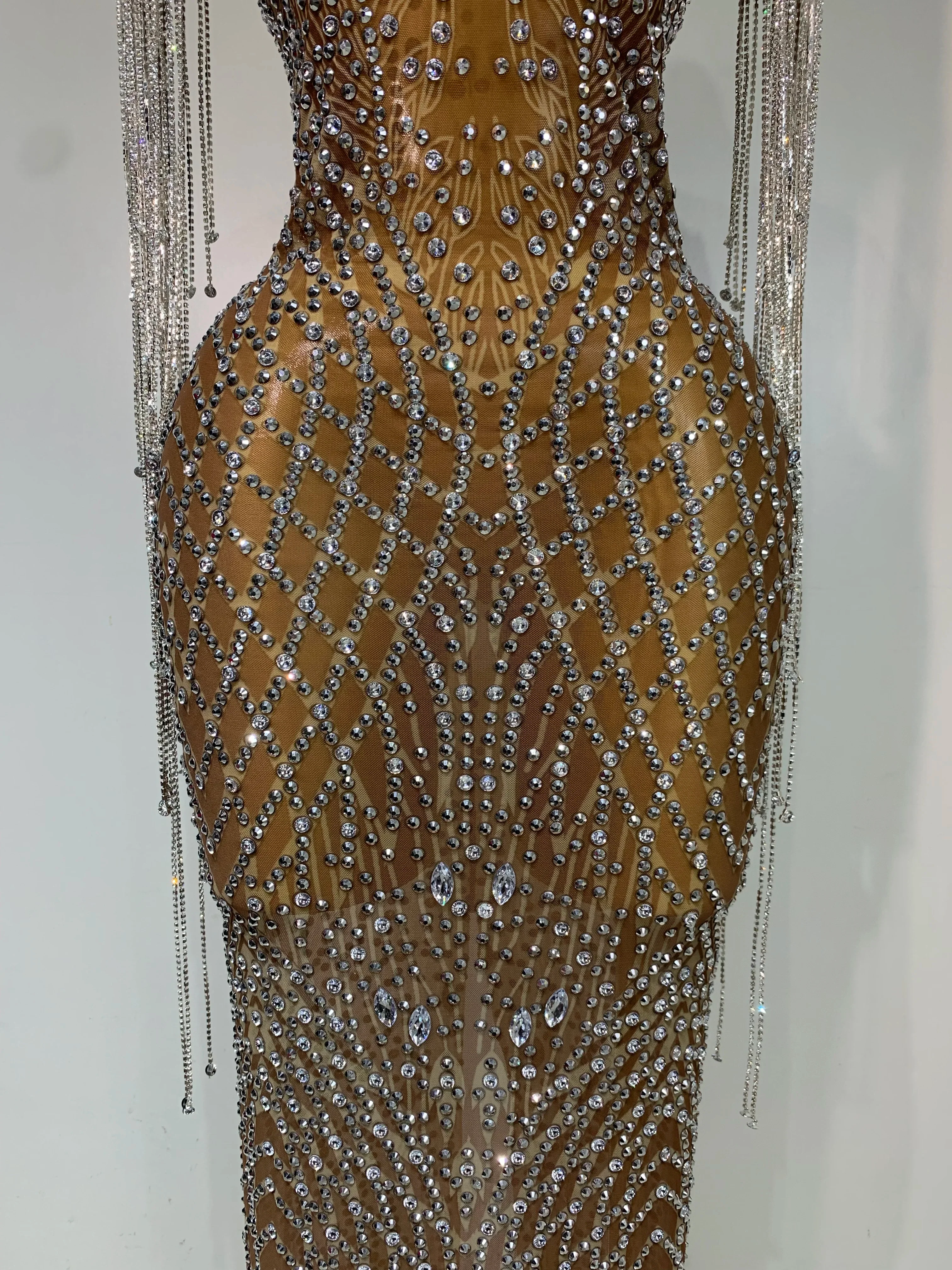 Luxury Sparkly Rhinestones Tassel Transparent Mesh Stretch Long Dress Women Evening Celebrate Birthday Dress Sexy Stage Costumes - Image 6