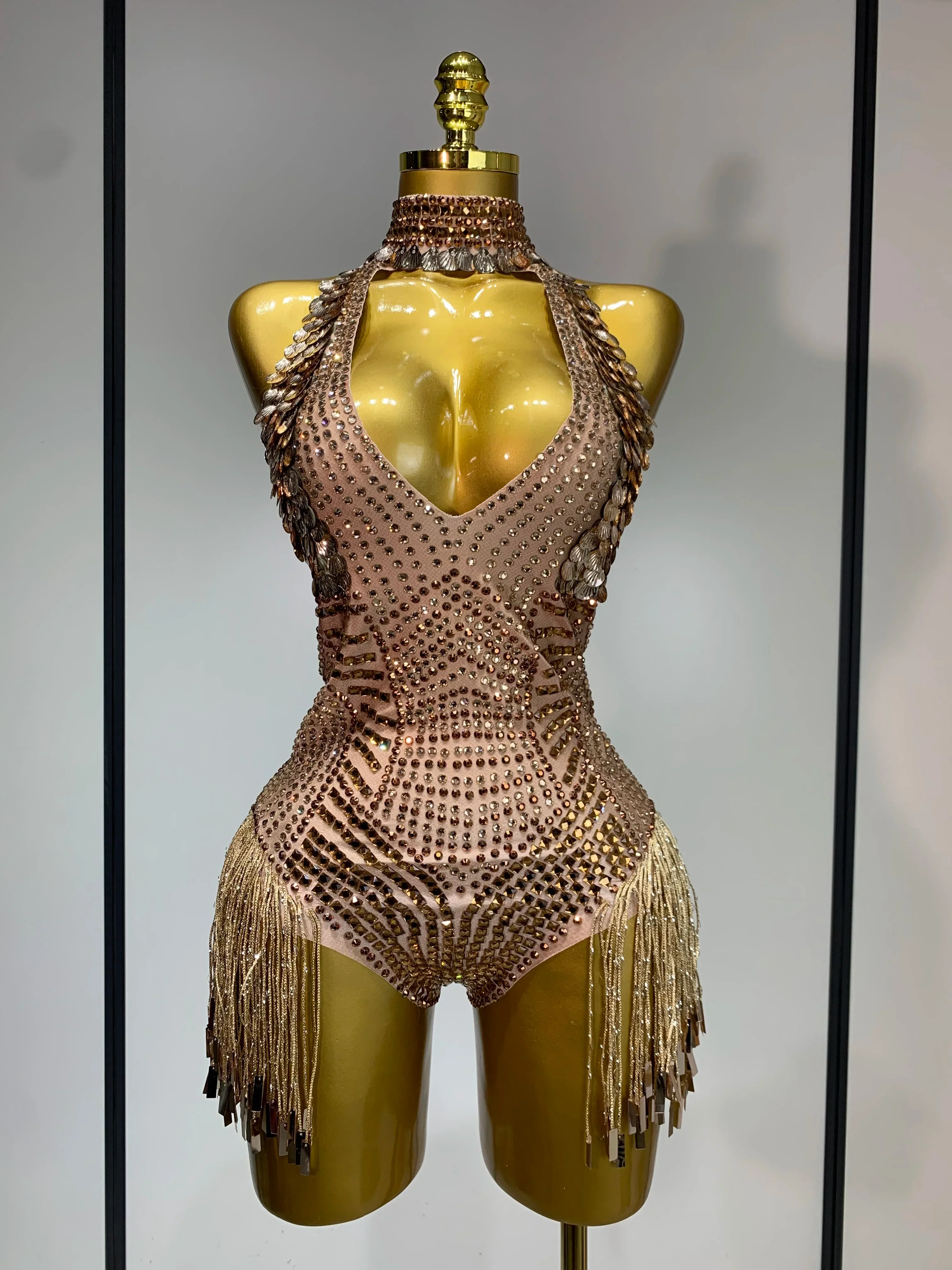 Luxury Sparkly Rhinestones Tassels Sequins Bodysuit Women Sexy Halter Backless Stage  Performance Costume Club Birthday Outfit