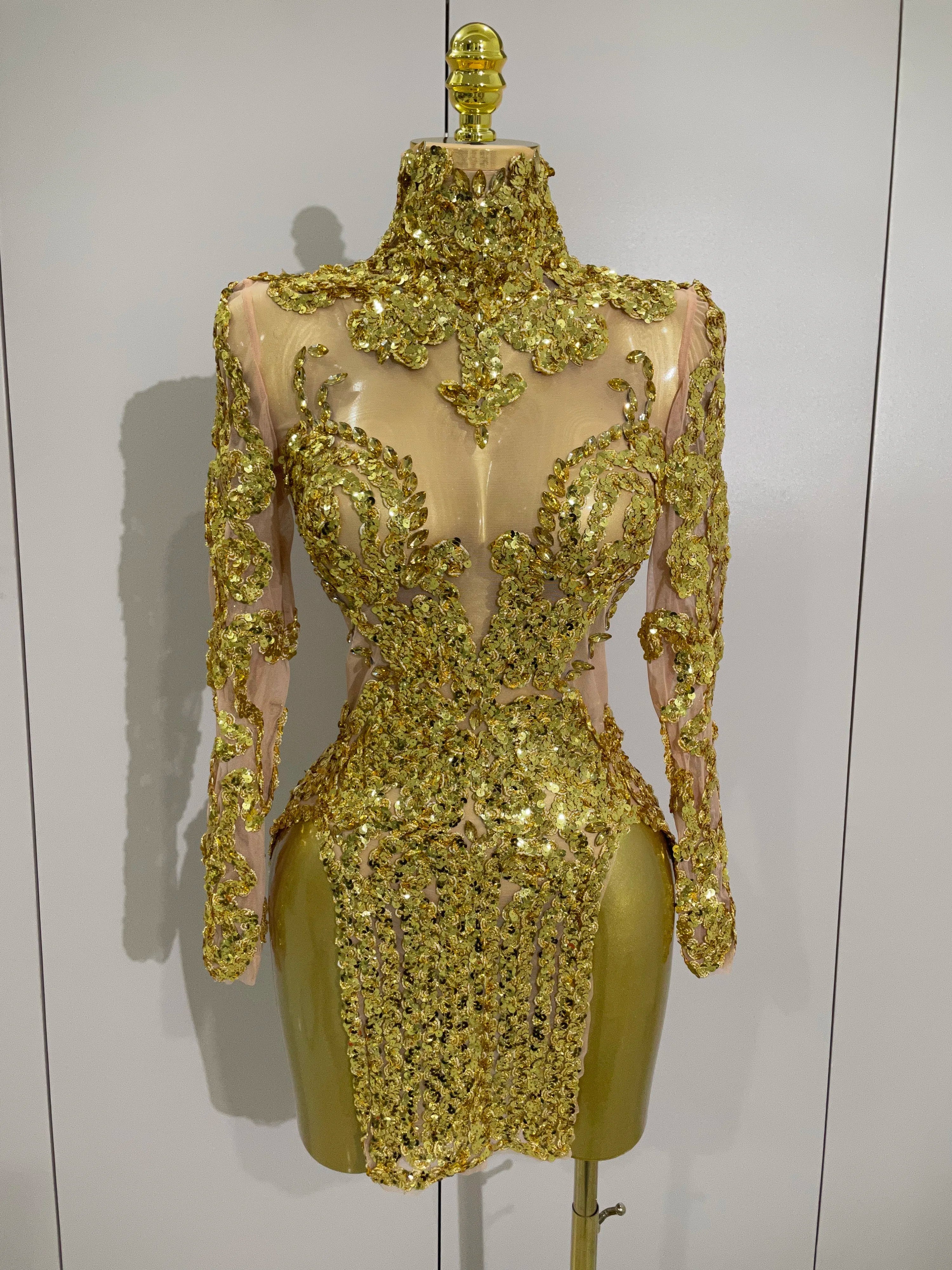 Luxury Sparkly Sequins Stretch Long Sleeve Mesh Mini Dress  Women Birthday Party Nightclub Dancer Stage Performance Costume