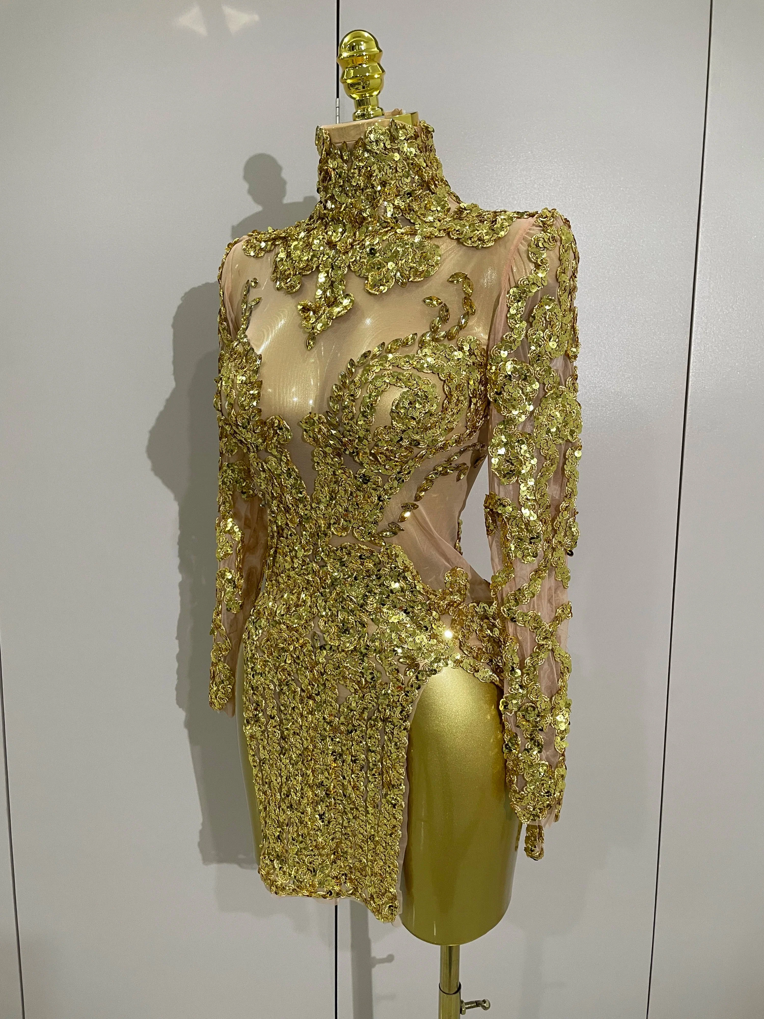 Luxury Sparkly Sequins Stretch Long Sleeve Mesh Mini Dress  Women Birthday Party Nightclub Dancer Stage Performance Costume - Image 2
