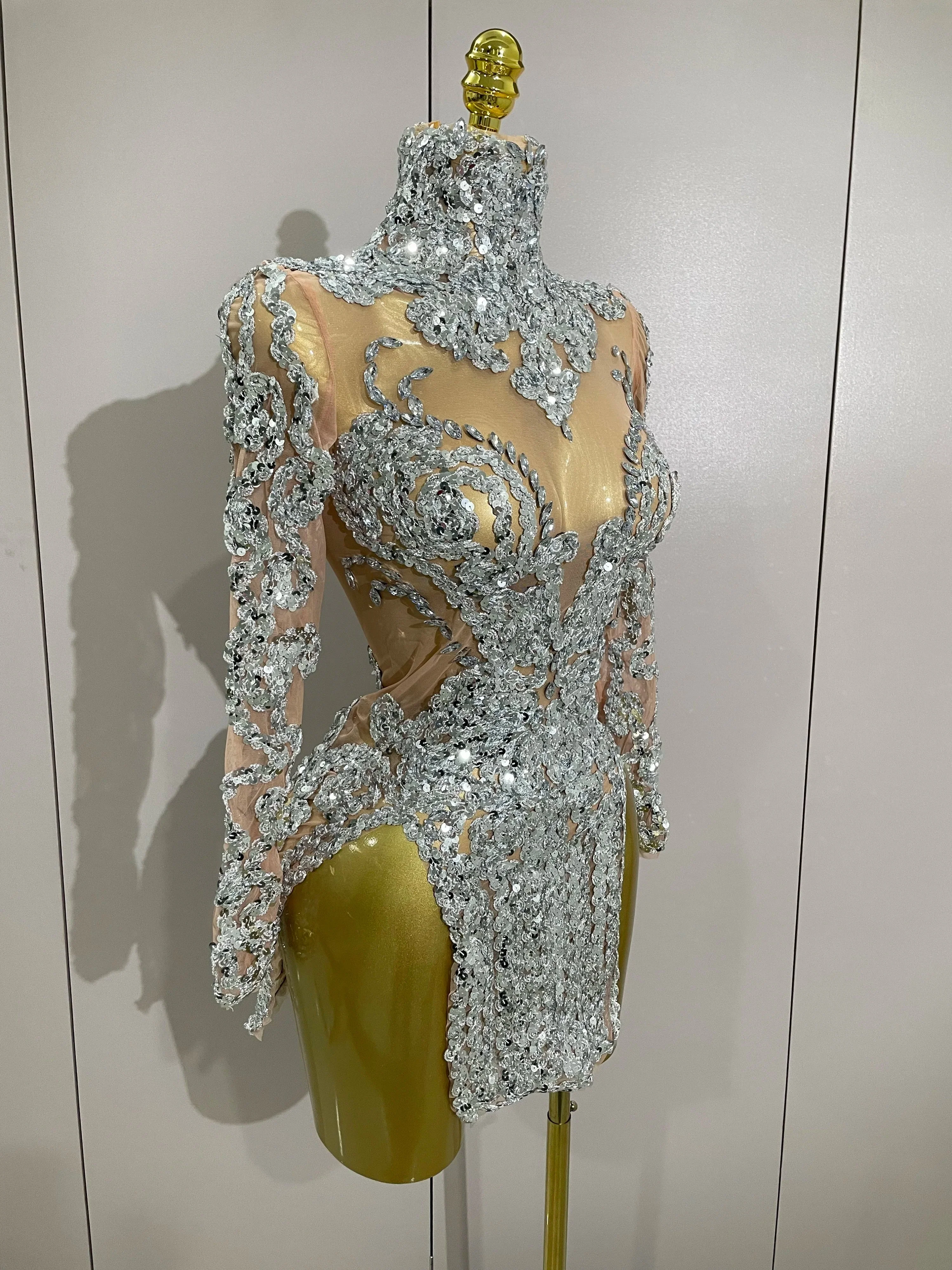 Luxury Sparkly Sequins Stretch Long Sleeve Mesh Mini Dress  Women Birthday Party Nightclub Dancer Stage Performance Costume - Image 4