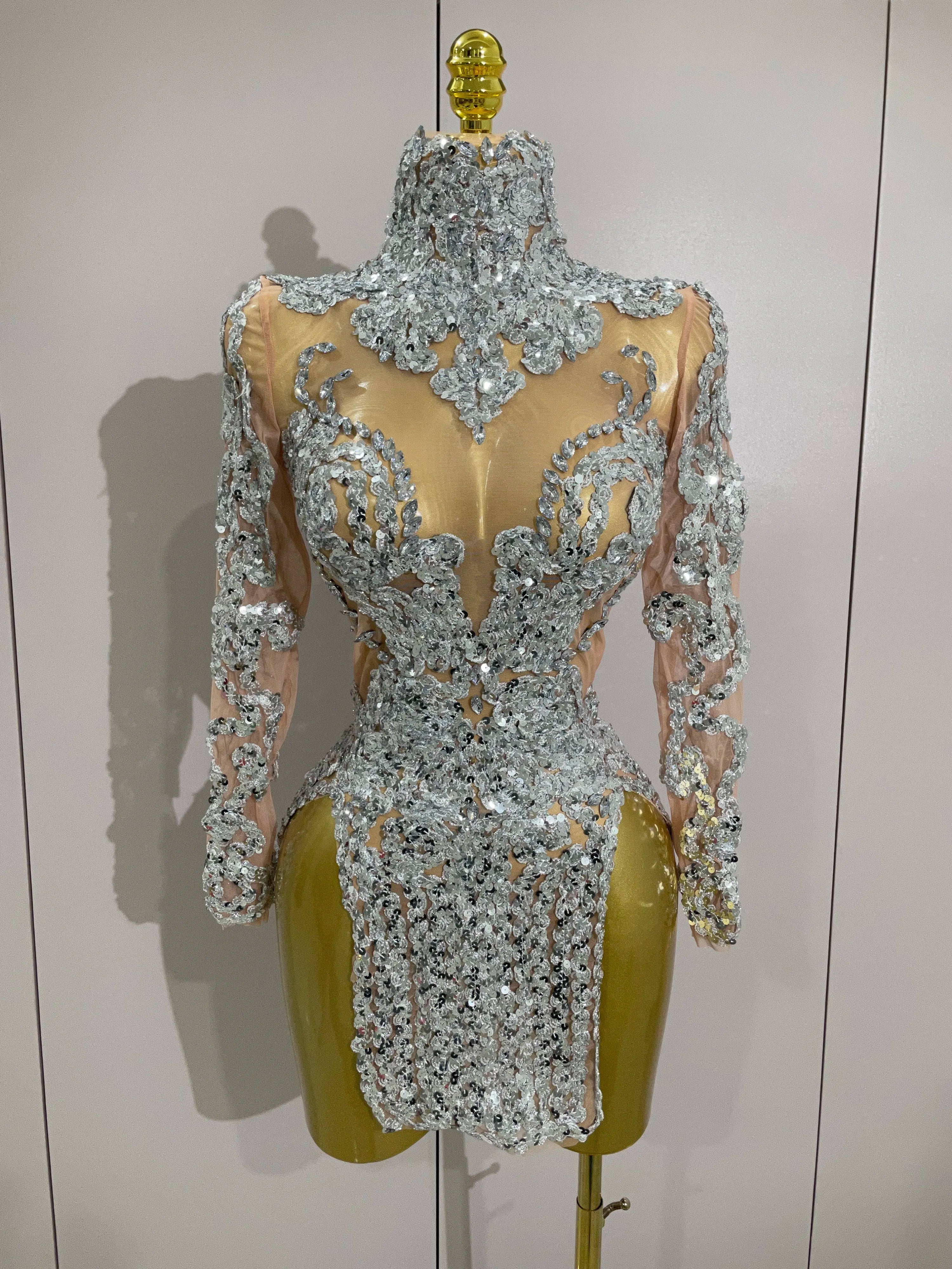 Luxury Sparkly Sequins Stretch Long Sleeve Mesh Mini Dress  Women Birthday Party Nightclub Dancer Stage Performance Costume - Image 6