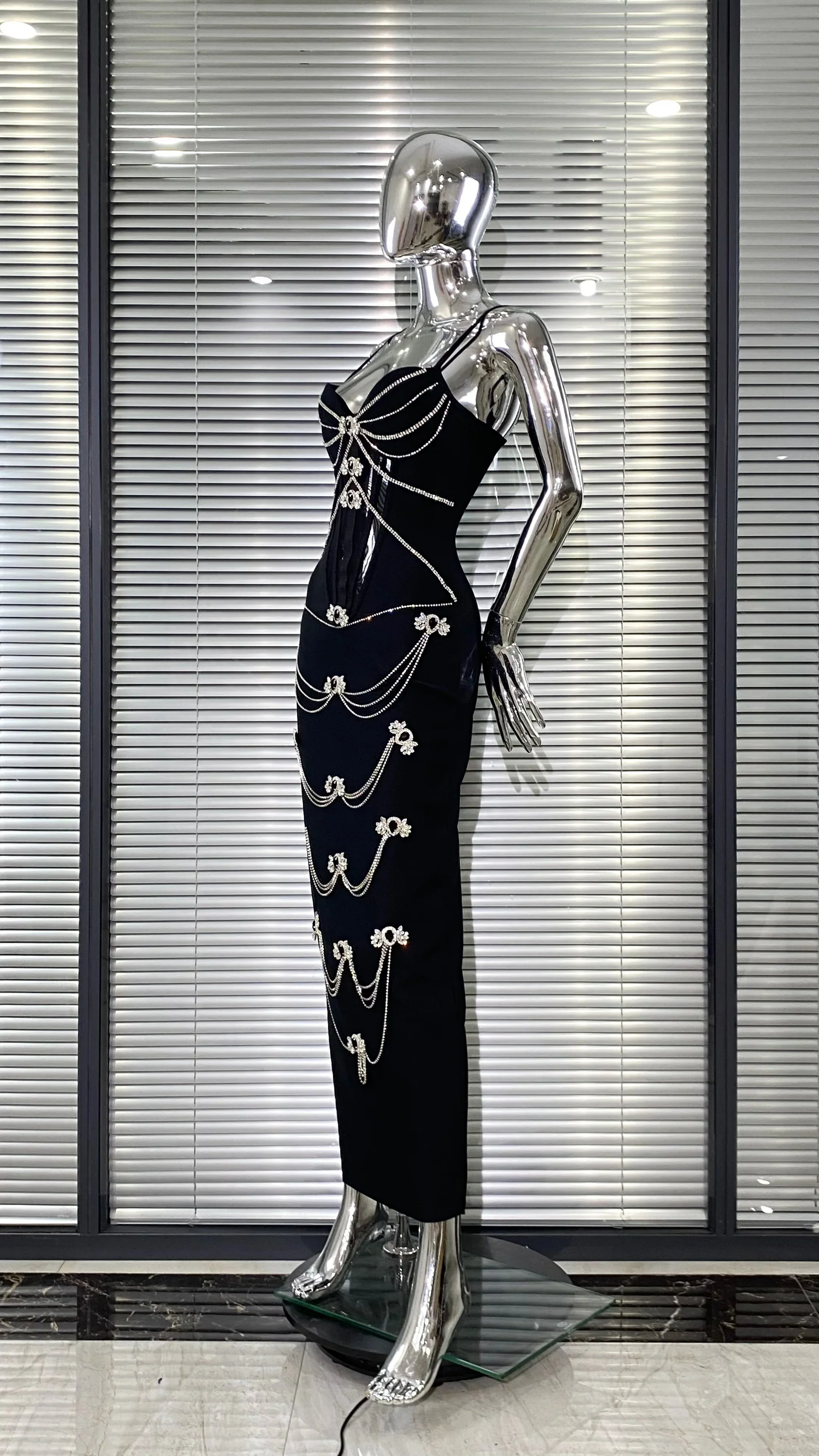 Luxury Woman Haute Couture Evening Dress Sparkling Diamonds Strapless Black Ankle Length Bandage Dress Birthday Party Outfit - Image 4