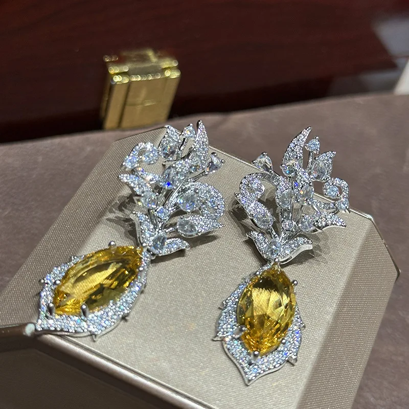 Luxury Yellow Zircon Bridal Earrings CZ Cubic Zirconia Wedding Earring For Brides Accessories Women Party Dinner Dress Jewelry - Image 5