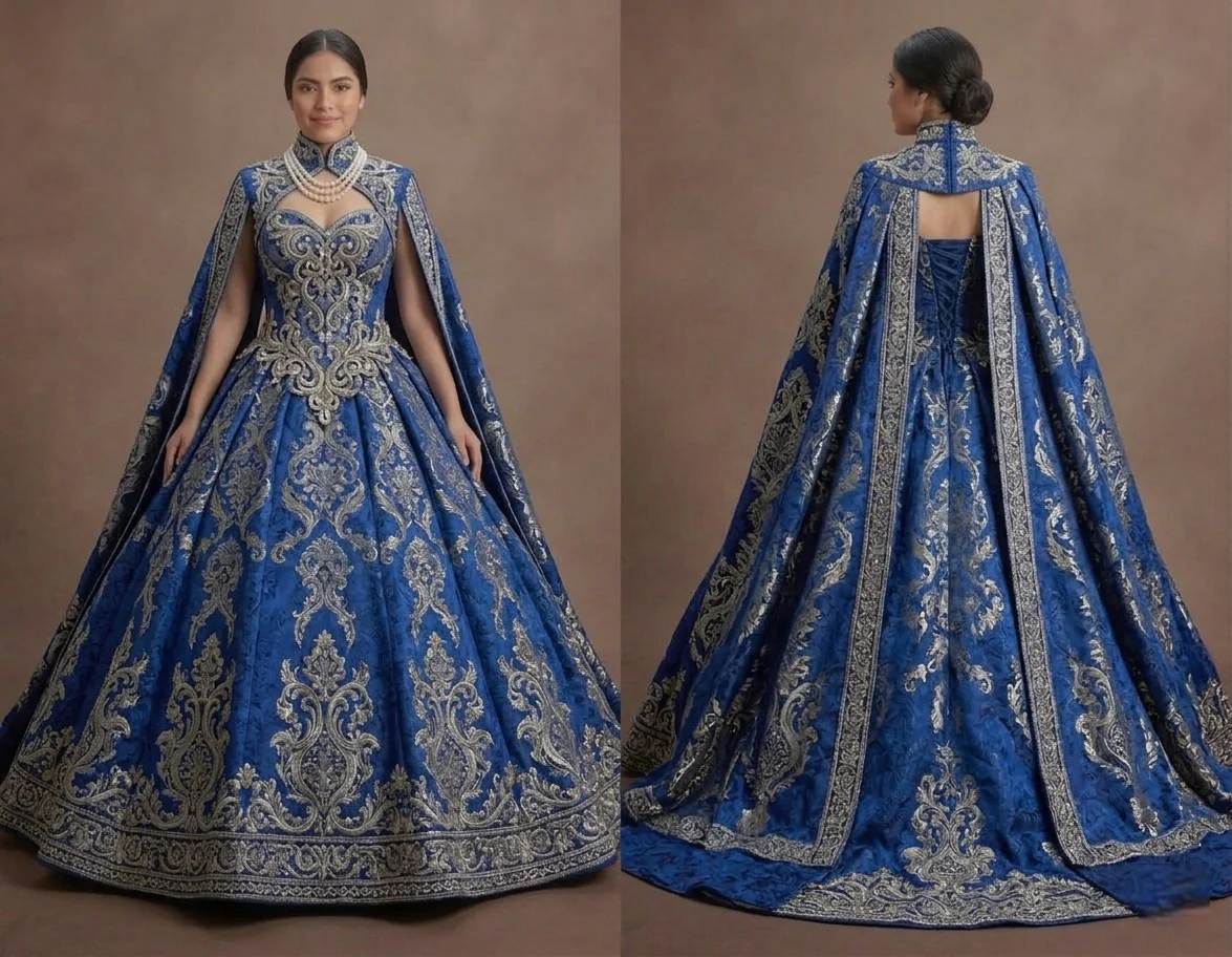 Majestic Blue Quinceañera Dress Heavy Brocade Fabric