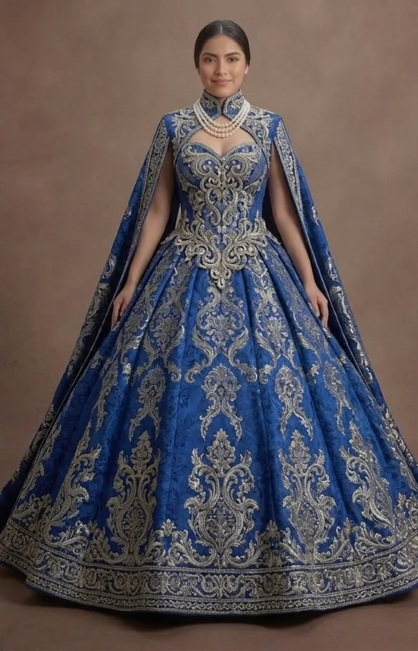 Majestic Blue Quinceañera Dress Heavy Brocade Fabric - Image 2