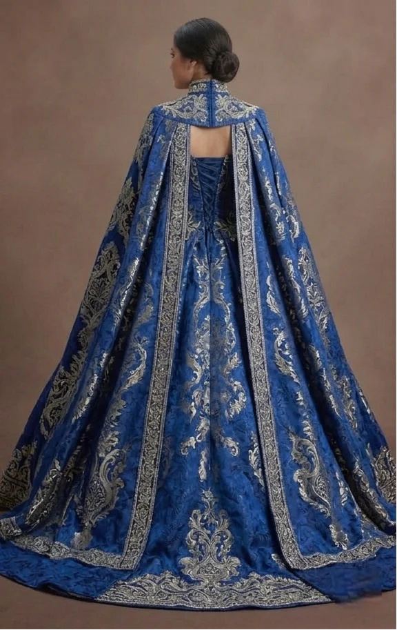 Majestic Blue Quinceañera Dress Heavy Brocade Fabric - Image 3