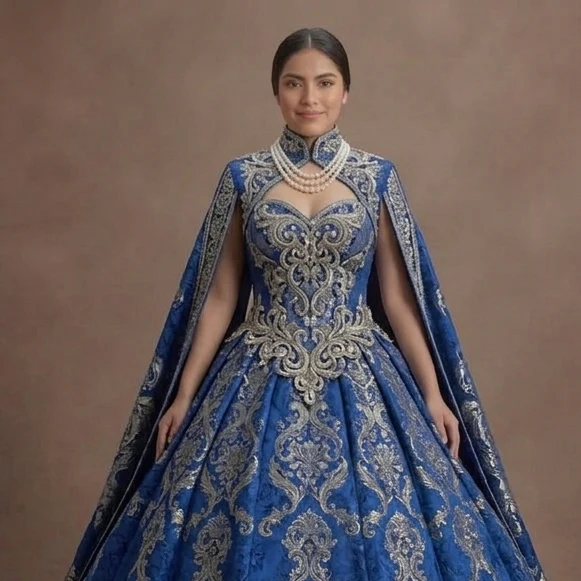 Majestic Blue Quinceañera Dress Heavy Brocade Fabric - Image 4