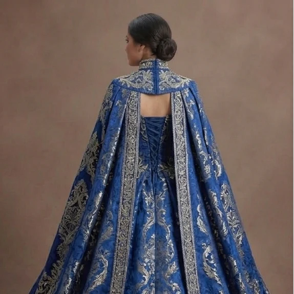 Majestic Blue Quinceañera Dress Heavy Brocade Fabric - Image 5