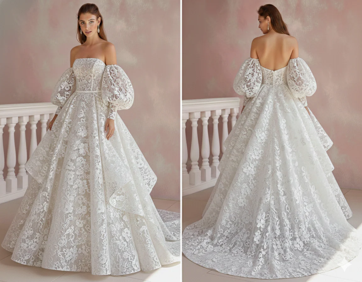 Long Flutter Sleeve Wedding Dress Boho Lace Bridal Gown