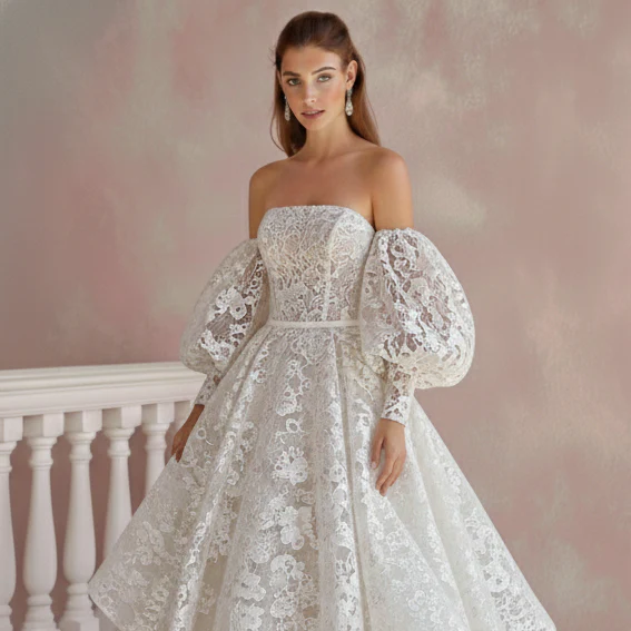 Long Flutter Sleeve Wedding Dress Boho Lace Bridal Gown - Image 4