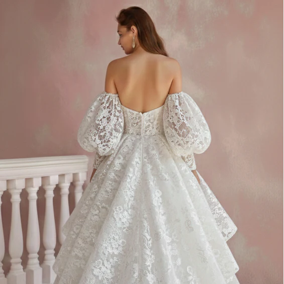 Long Flutter Sleeve Wedding Dress Boho Lace Bridal Gown - Image 5