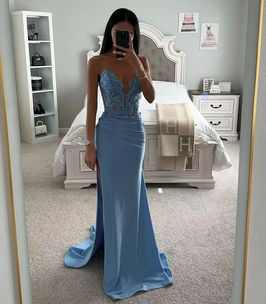 Mermaid Prom Dress Blue Strapless Fishtail Vestidos De Noche Strapless Evening Dresses Lace Embroid Party Dresses - Image 4