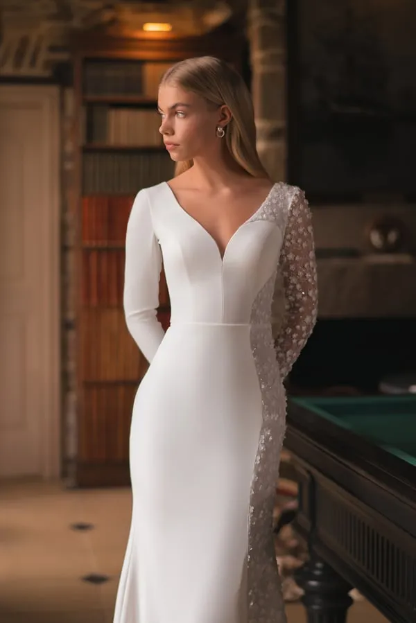 Mermaid Wedding Dress Charming Lace Applique V Neck Sarin with Tulle Elegant Long Sleeve Beach - Image 4