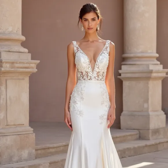 Mermaid Wedding Gown with a Deep V-Neckline for a Bold Bridal Look - Image 4