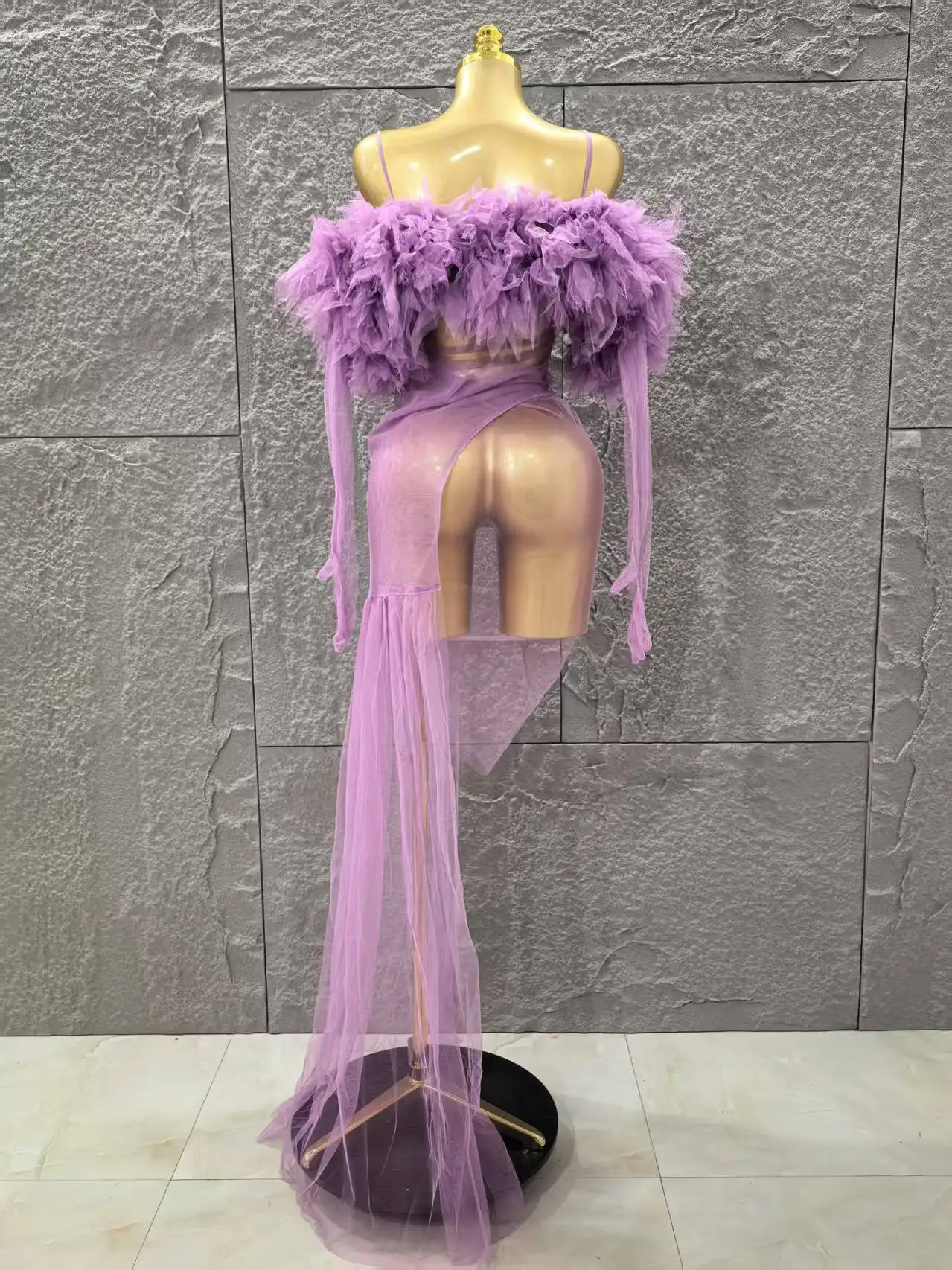 Mesh Ruffles Sexy See Through Bodycon Mini Dress Gloves Celebrate Nightclub Party Birthday Fashion Photo Shoot Wear - Image 3