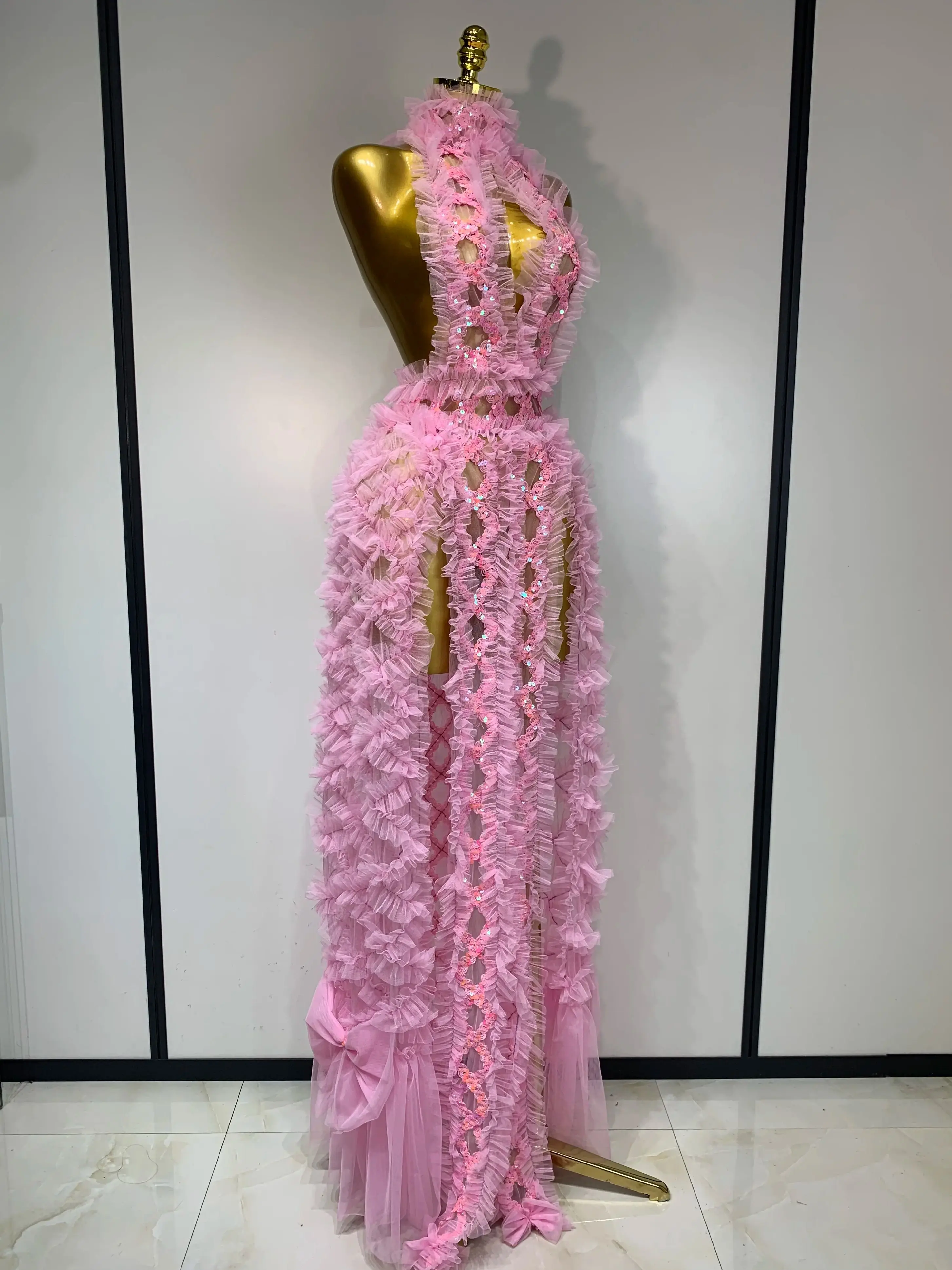 Mesh Sequins Sexy Backless Halter See Through Dress  Birthday Evening Party Prom Nightclub Singer Stage Performance Costume - Image 2