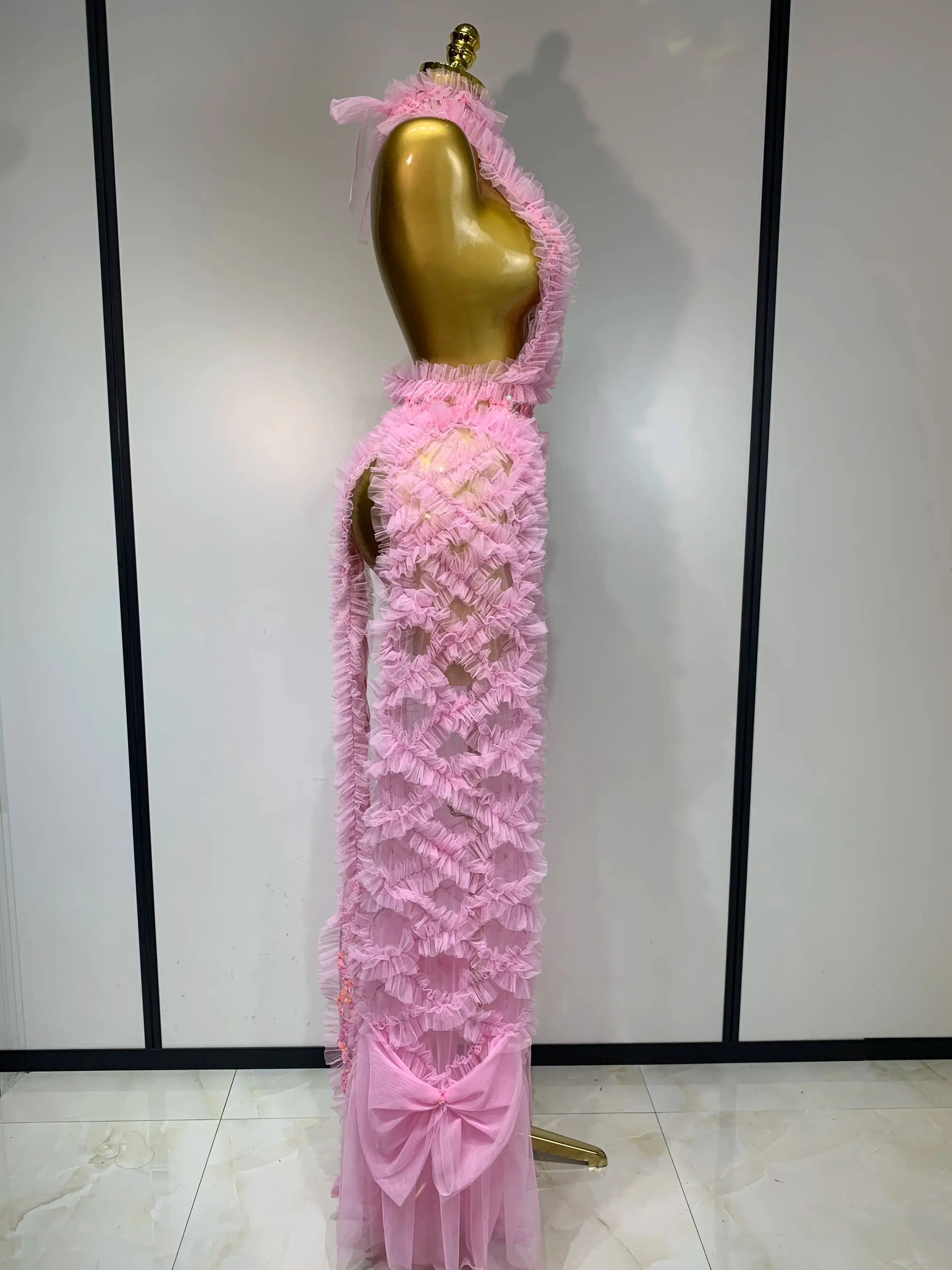 Mesh Sequins Sexy Backless Halter See Through Dress  Birthday Evening Party Prom Nightclub Singer Stage Performance Costume - Image 3