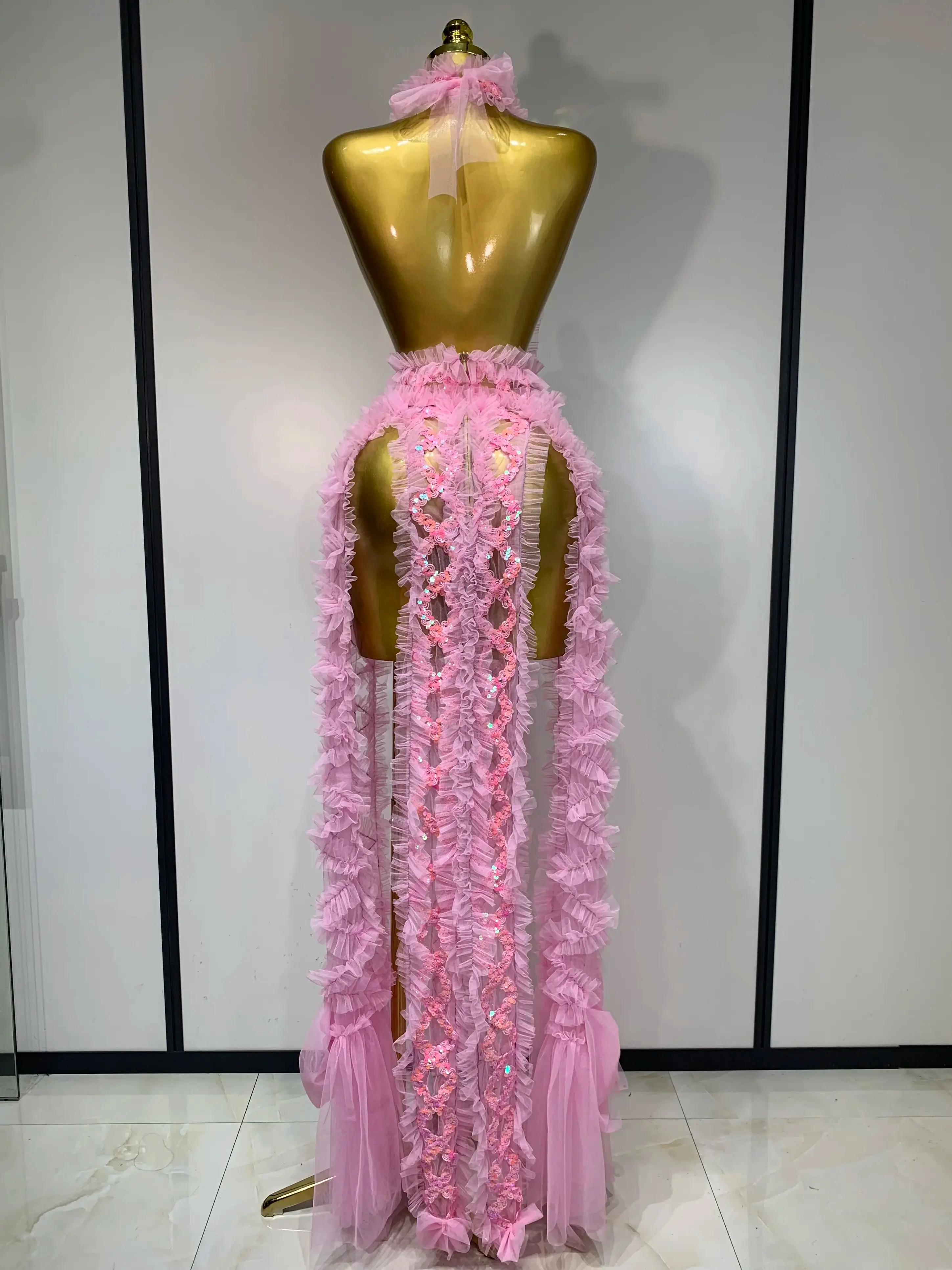 Mesh Sequins Sexy Backless Halter See Through Dress  Birthday Evening Party Prom Nightclub Singer Stage Performance Costume - Image 4
