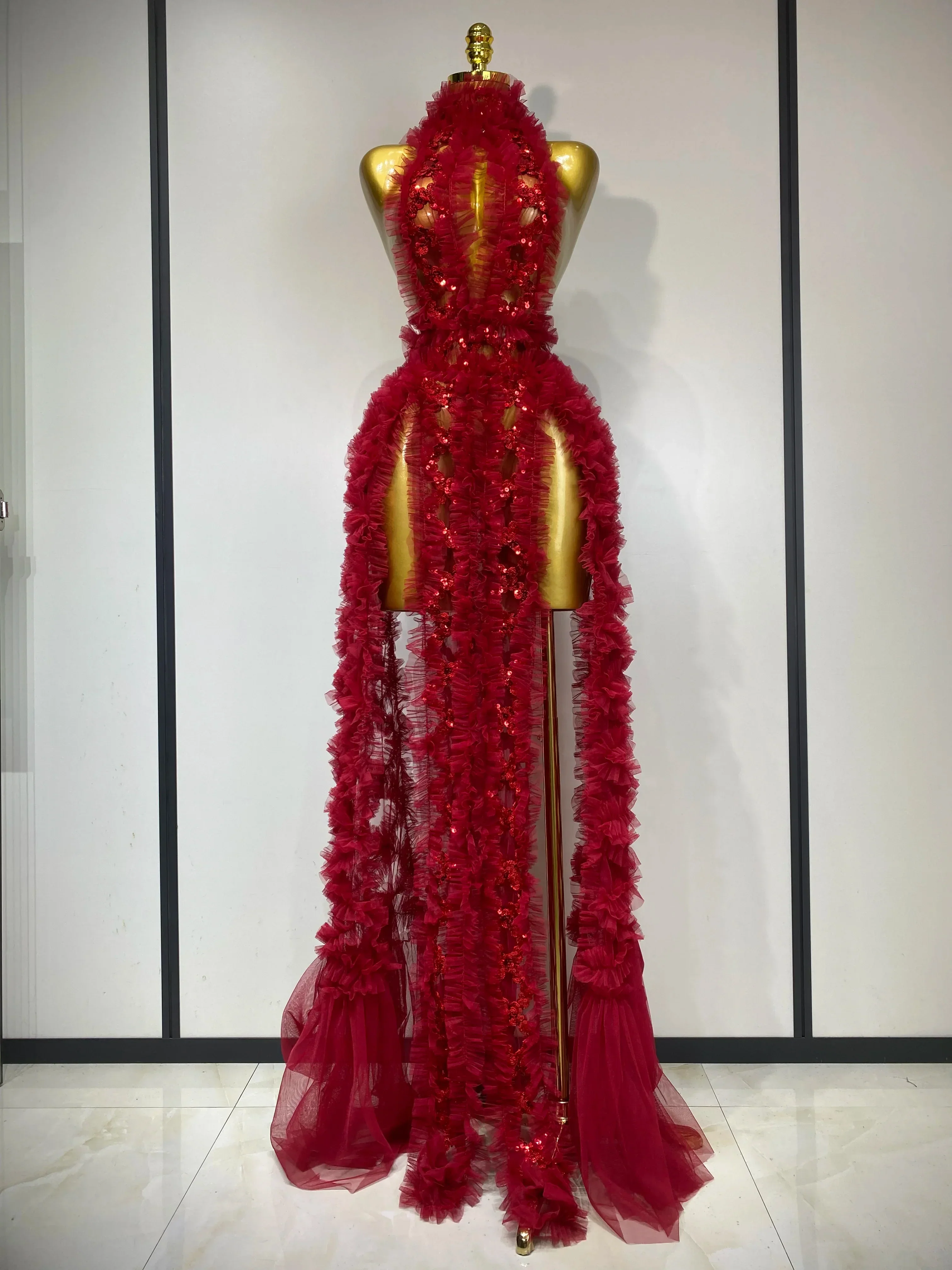 Mesh Sequins Sexy Backless Halter See Through Dress  Birthday Evening Party Prom Nightclub Singer Stage Performance Costume - Image 7