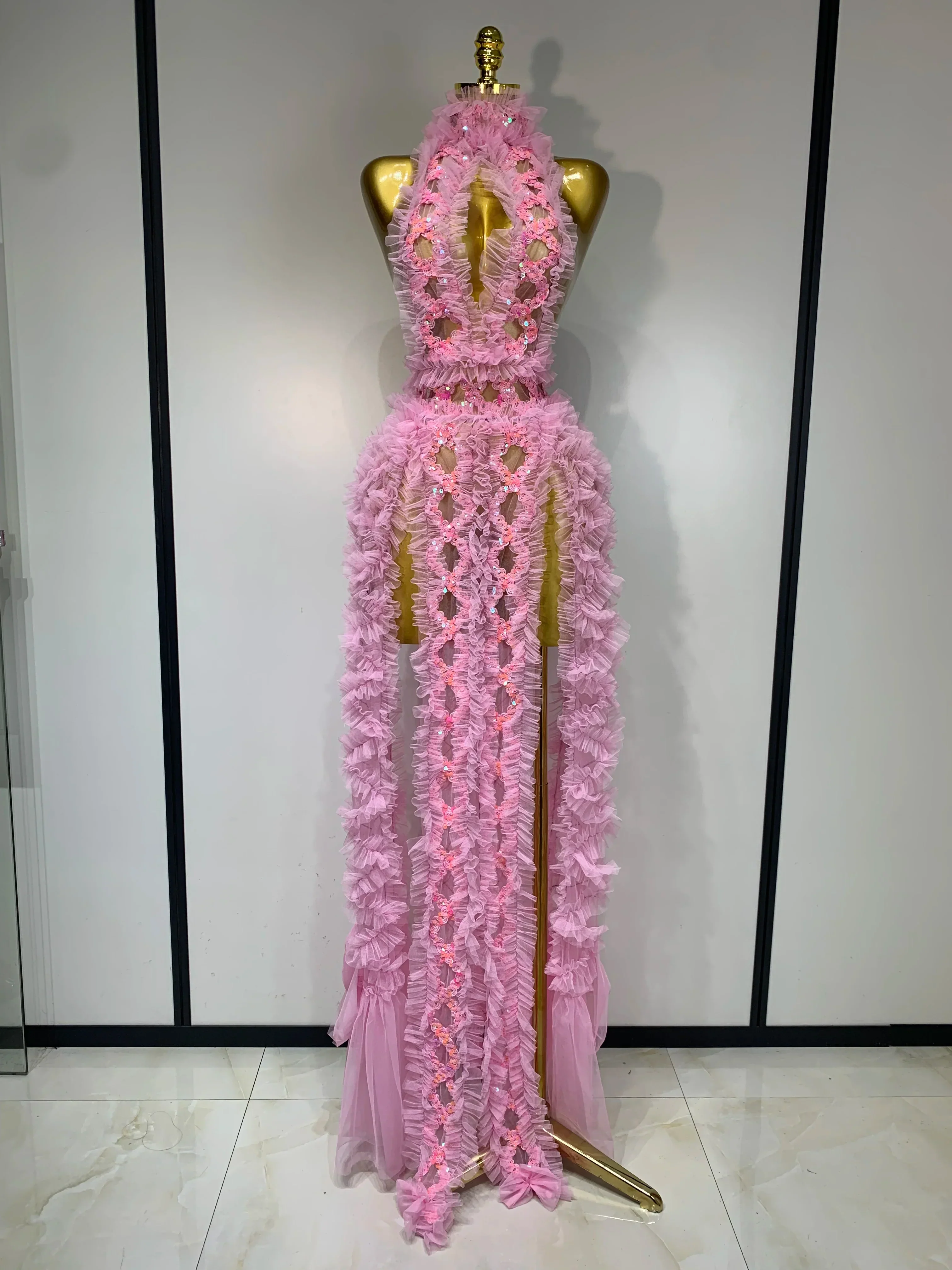 Mesh Sequins Sexy Backless Halter See Through Dress  Birthday Evening Party Prom Nightclub Singer Stage Performance Costume - Image 8