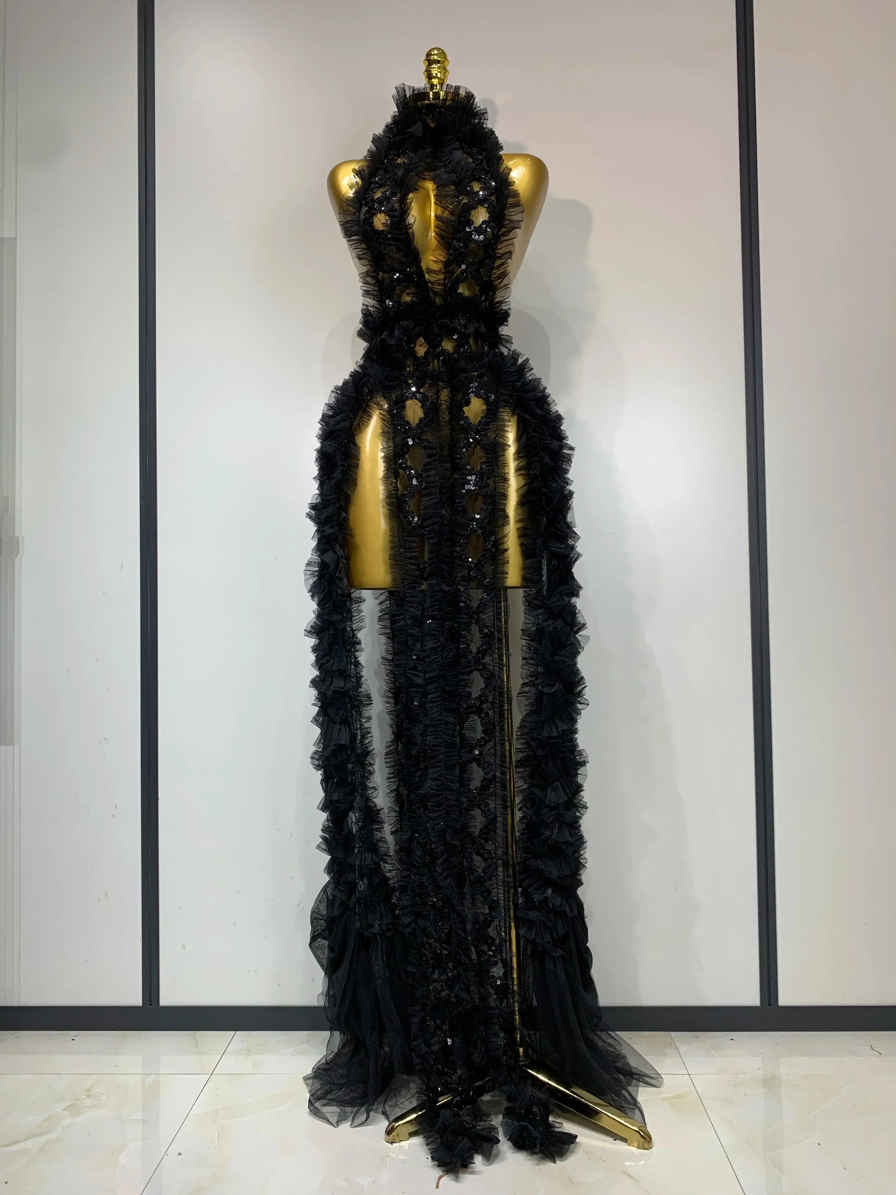 Mesh Sequins Sexy Backless Halter See Through Dress  Birthday Evening Party Prom Nightclub Singer Stage Performance Costume - Image 9