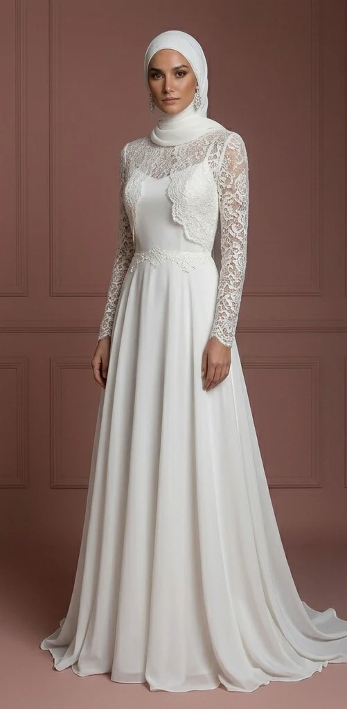Minimalist Chiffon Hijab Wedding Dress – Elegant Muslim Styles - Image 2