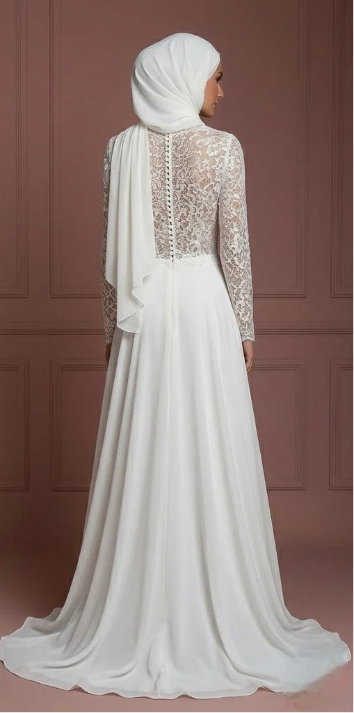 Minimalist Chiffon Hijab Wedding Dress – Elegant Muslim Styles - Image 3