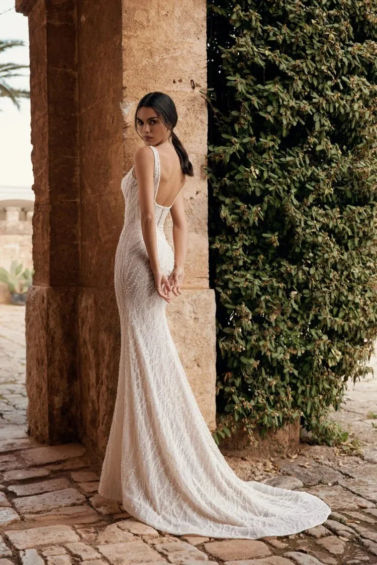 Minimalist Sheath Wedding Dress – Strappy Square Neckline with Elegant Sequin Embellishments for a Chic and Modern Bridal Look - Image 2