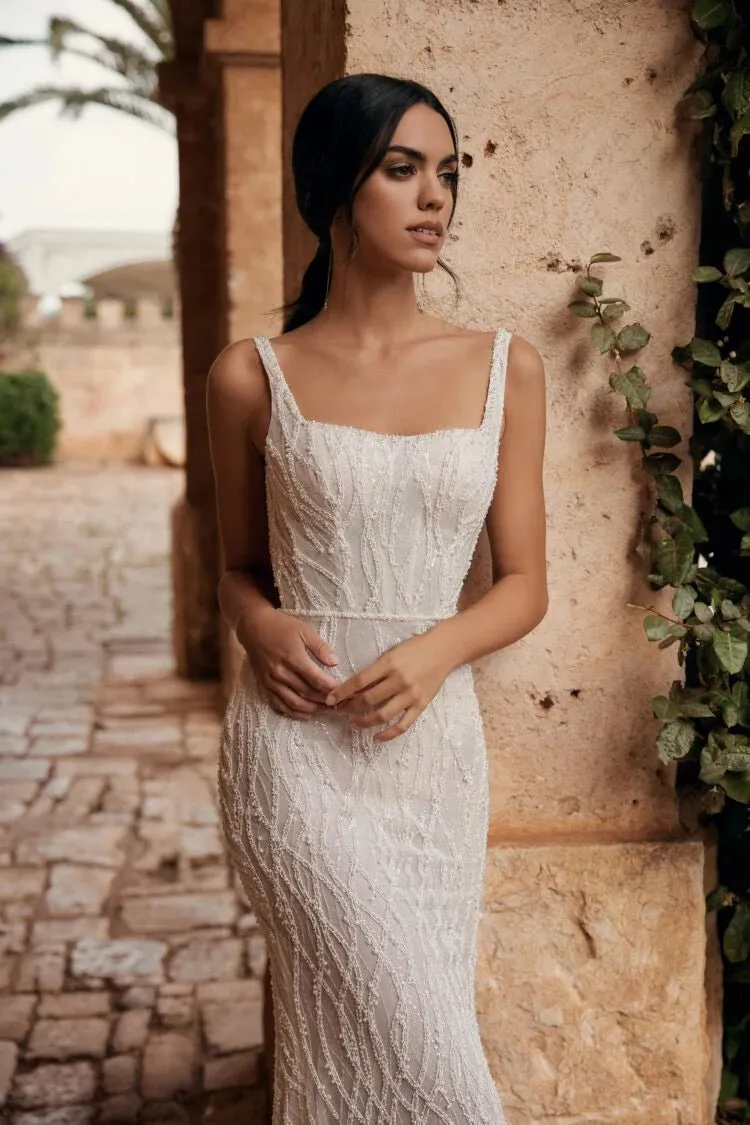 Minimalist Sheath Wedding Dress – Strappy Square Neckline with Elegant Sequin Embellishments for a Chic and Modern Bridal Look - Image 3